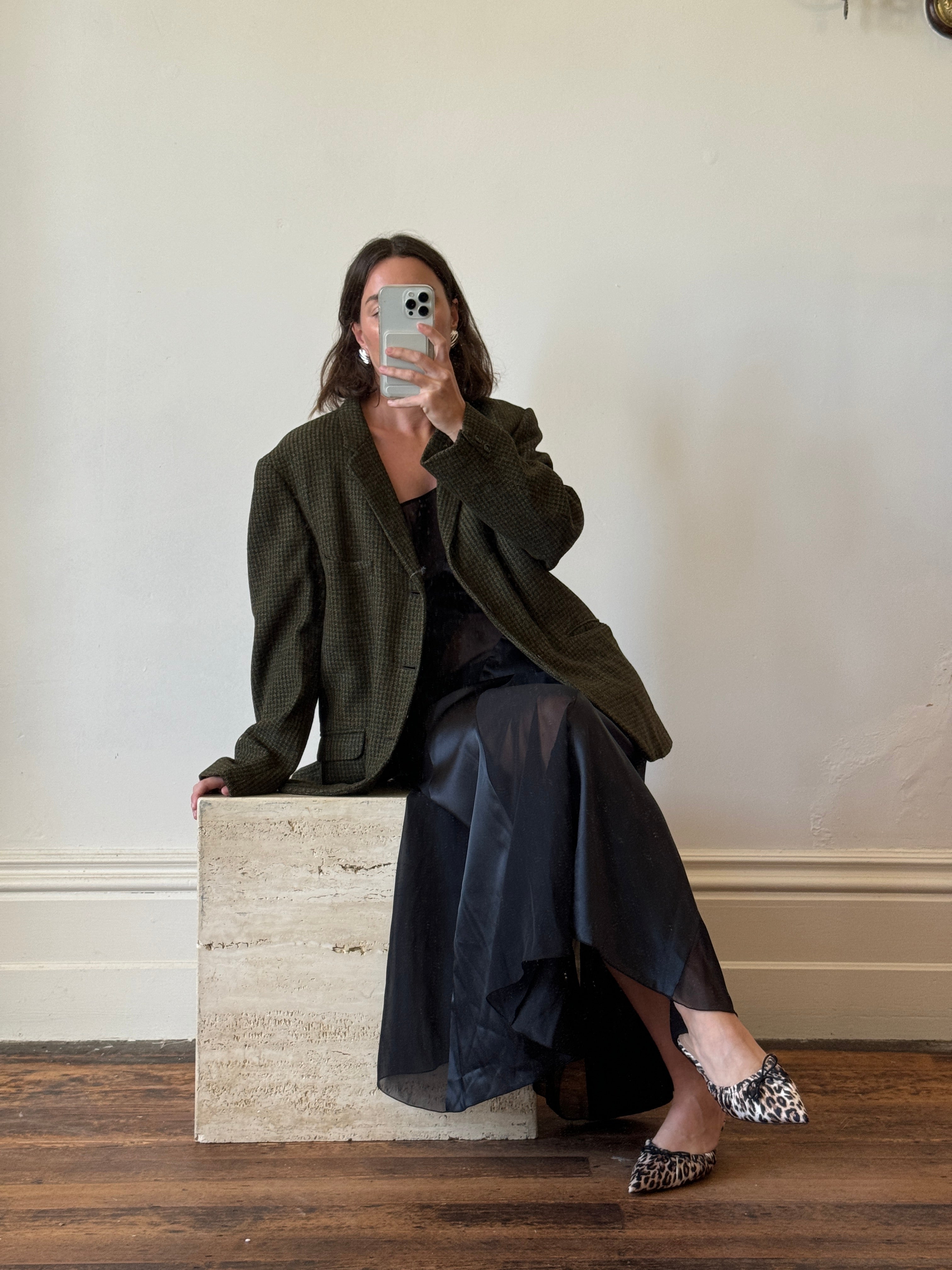 Vintage 50s Pure Wool Olive Herringbone Blazer