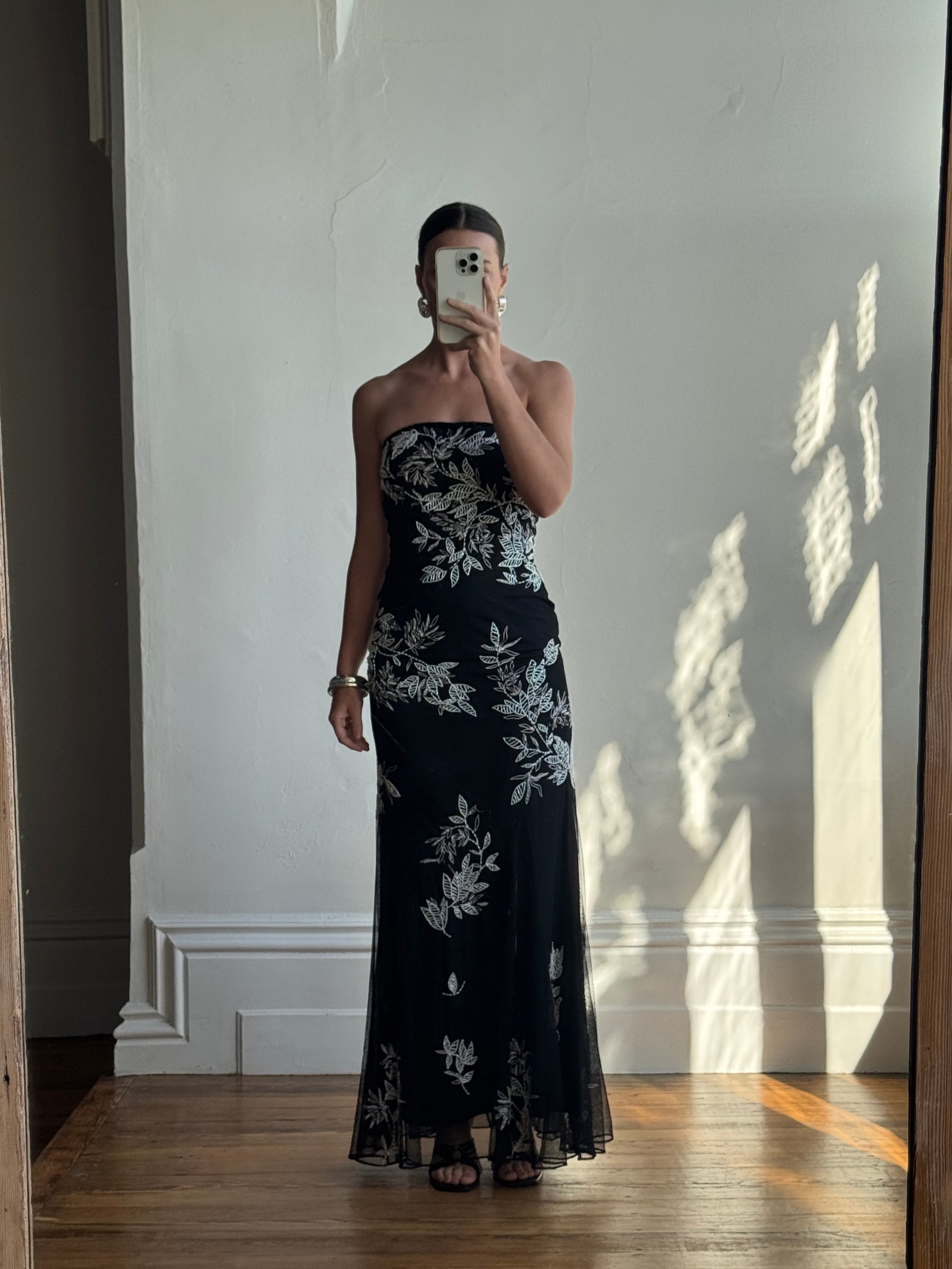 Vintage 90s Embroidered Net Strapless Dress Noir and White