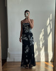 Vintage 90s Embroidered Net Strapless Dress Noir and White