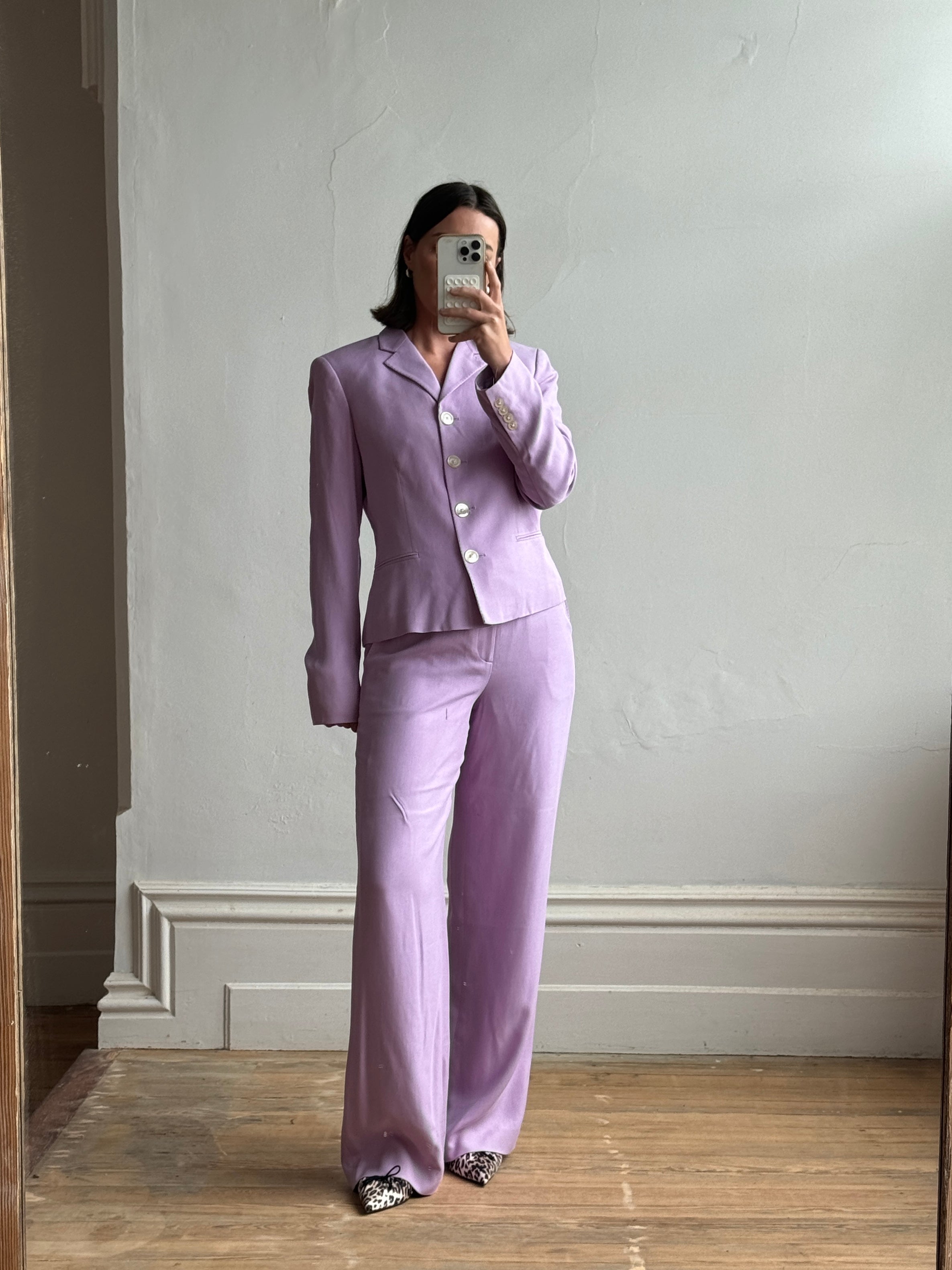 Vintage 90s Ralph Lauren Pure Silk Lilac Suit with Original Tags Attached