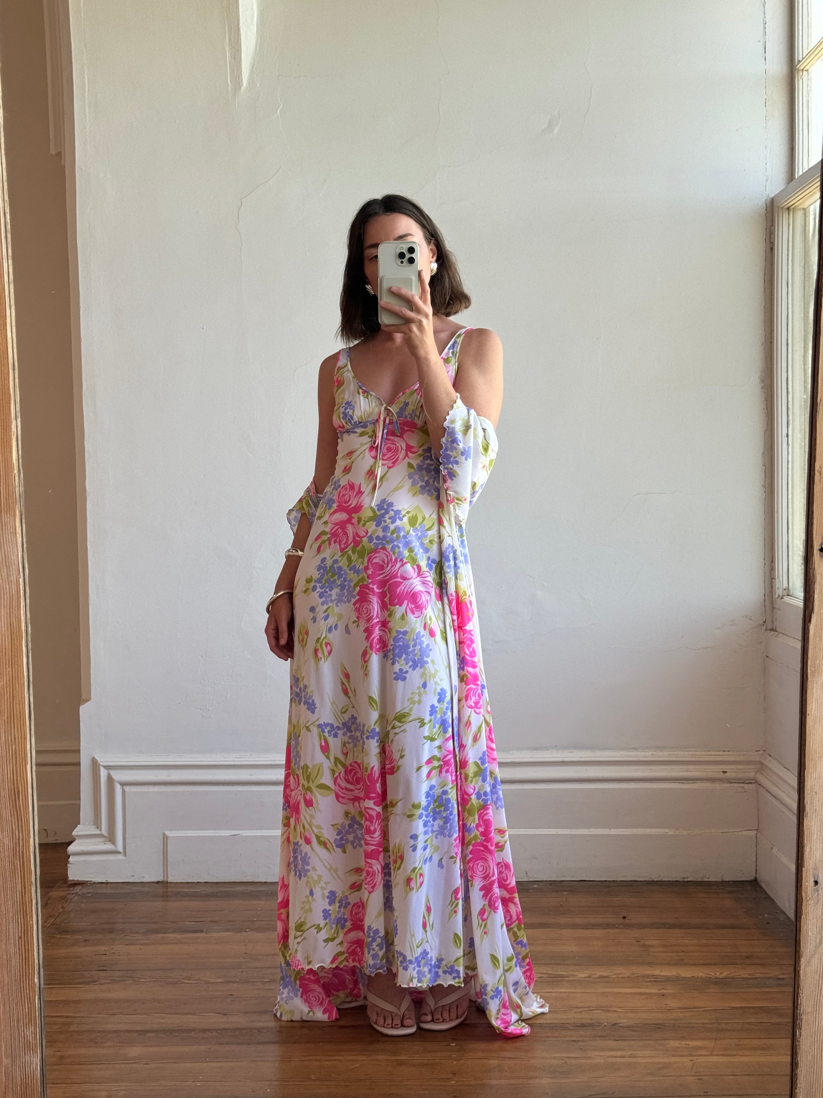 Vintage 70s Pink Floral Slip and Wrap Dress Set