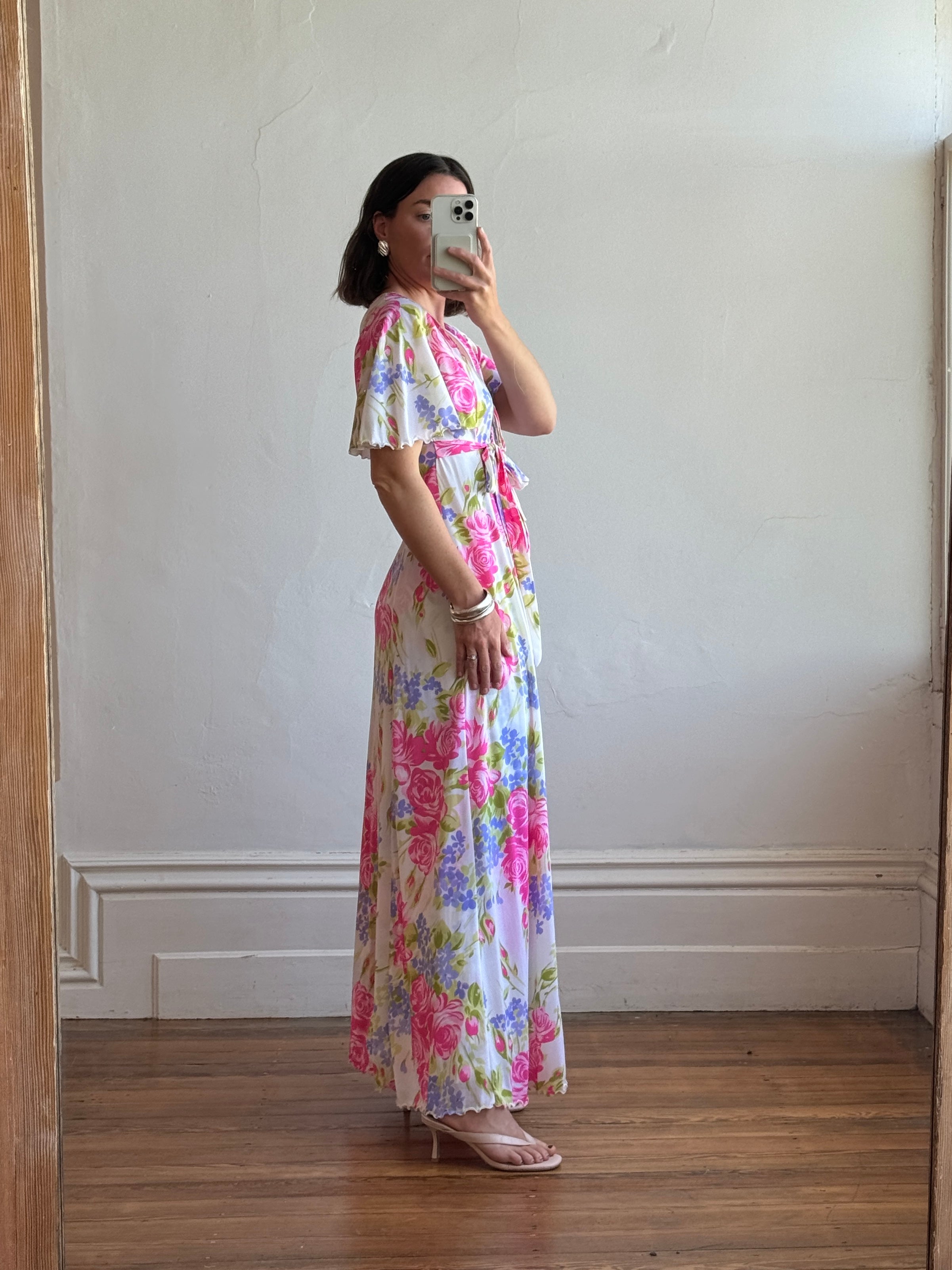 Vintage 70s Pink Floral Slip and Wrap Dress Set