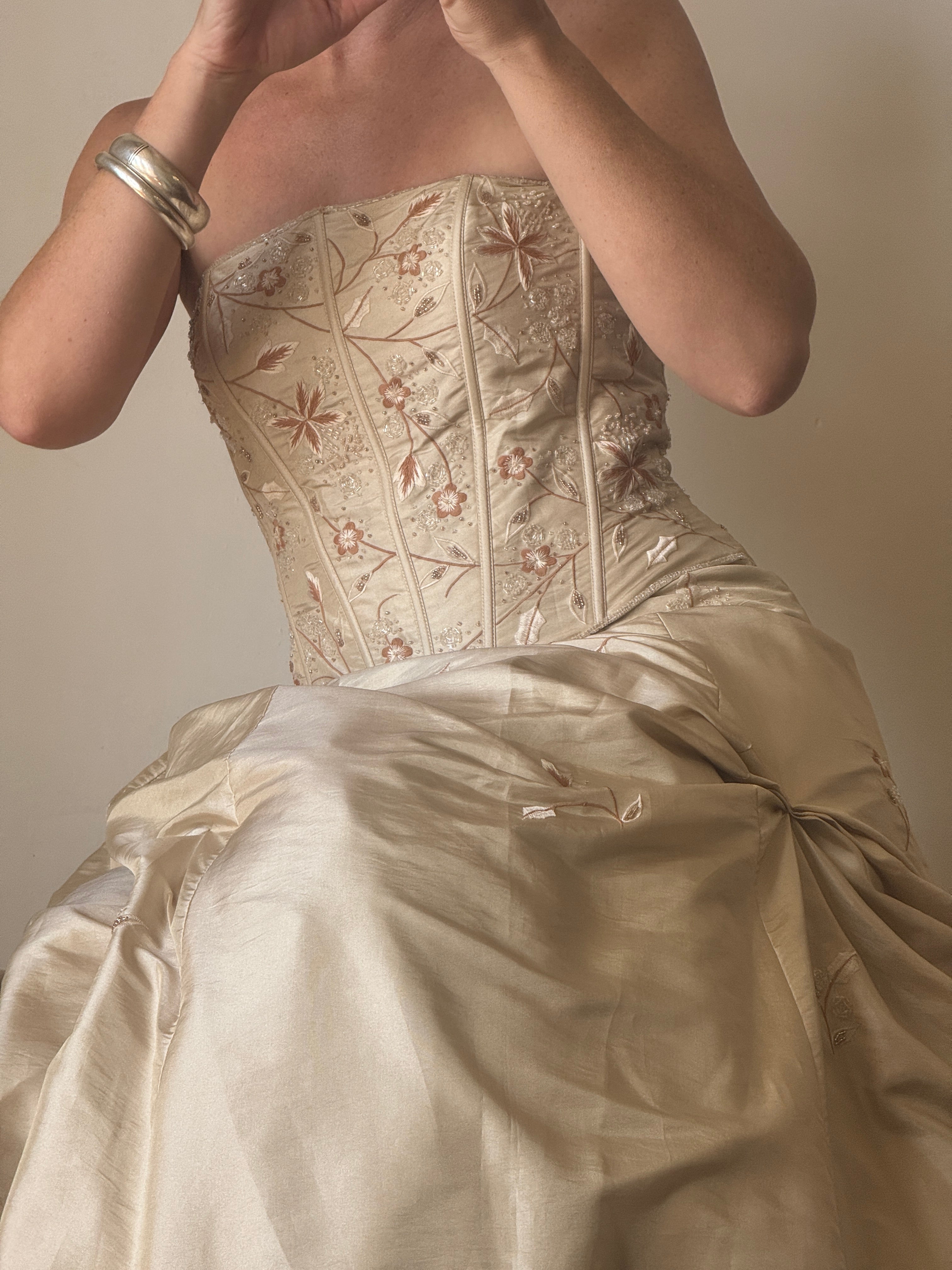 Vintage 90s Golden Embroidered Princess Strapless Gown