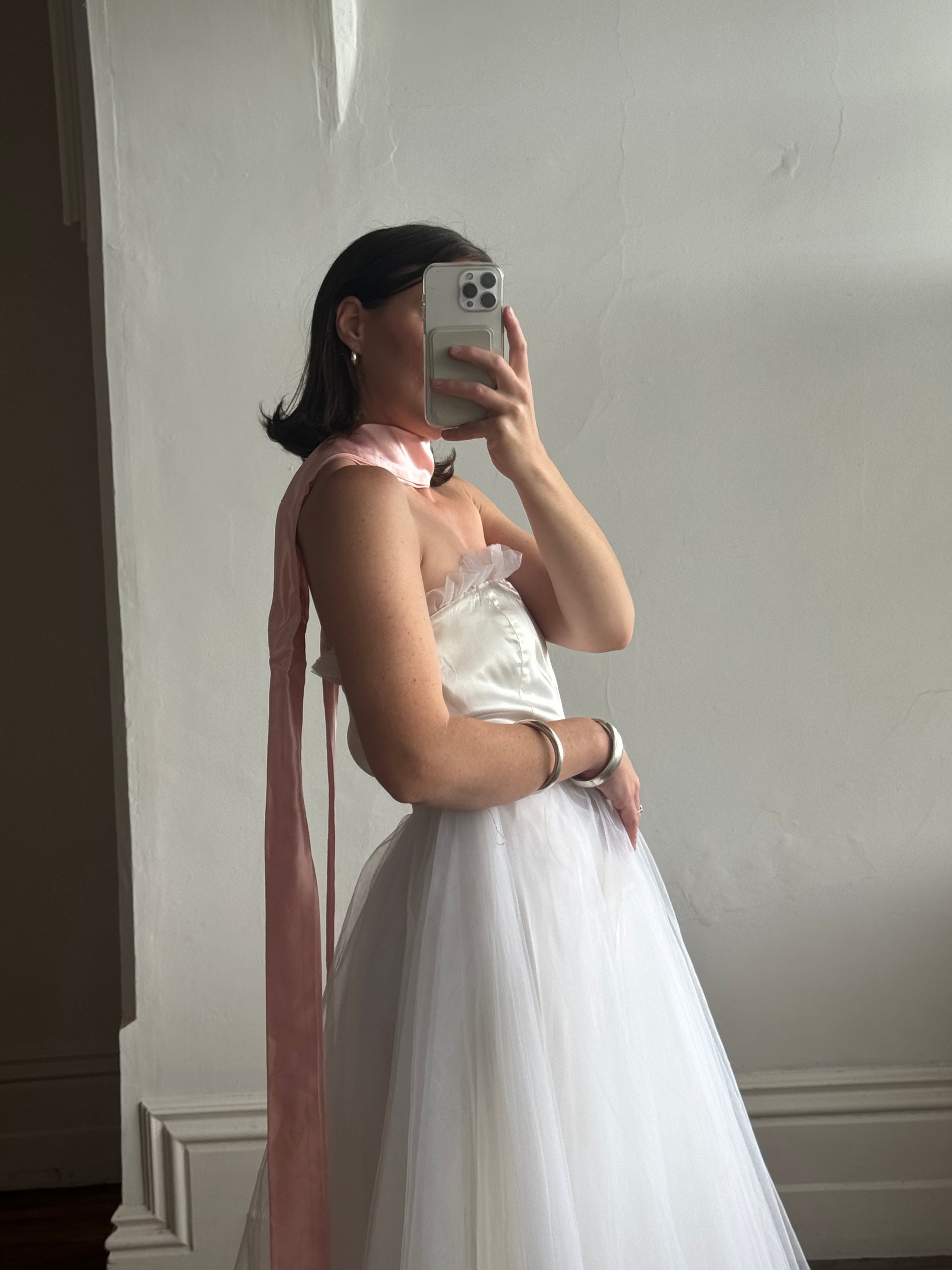 Vintage 80s Cupcake Tulle Dress With Salmon Waist Tie