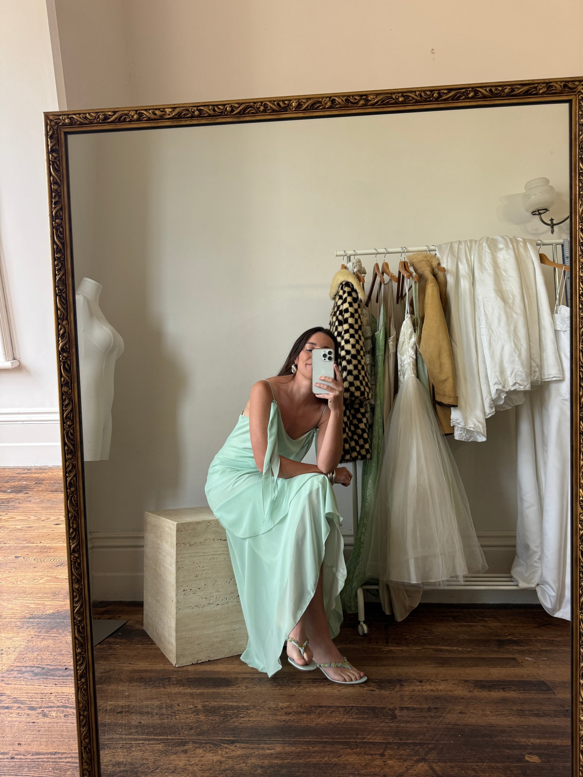 Vintage Y2K Asymmetric Chiffon Ruffle Dress Mint Green