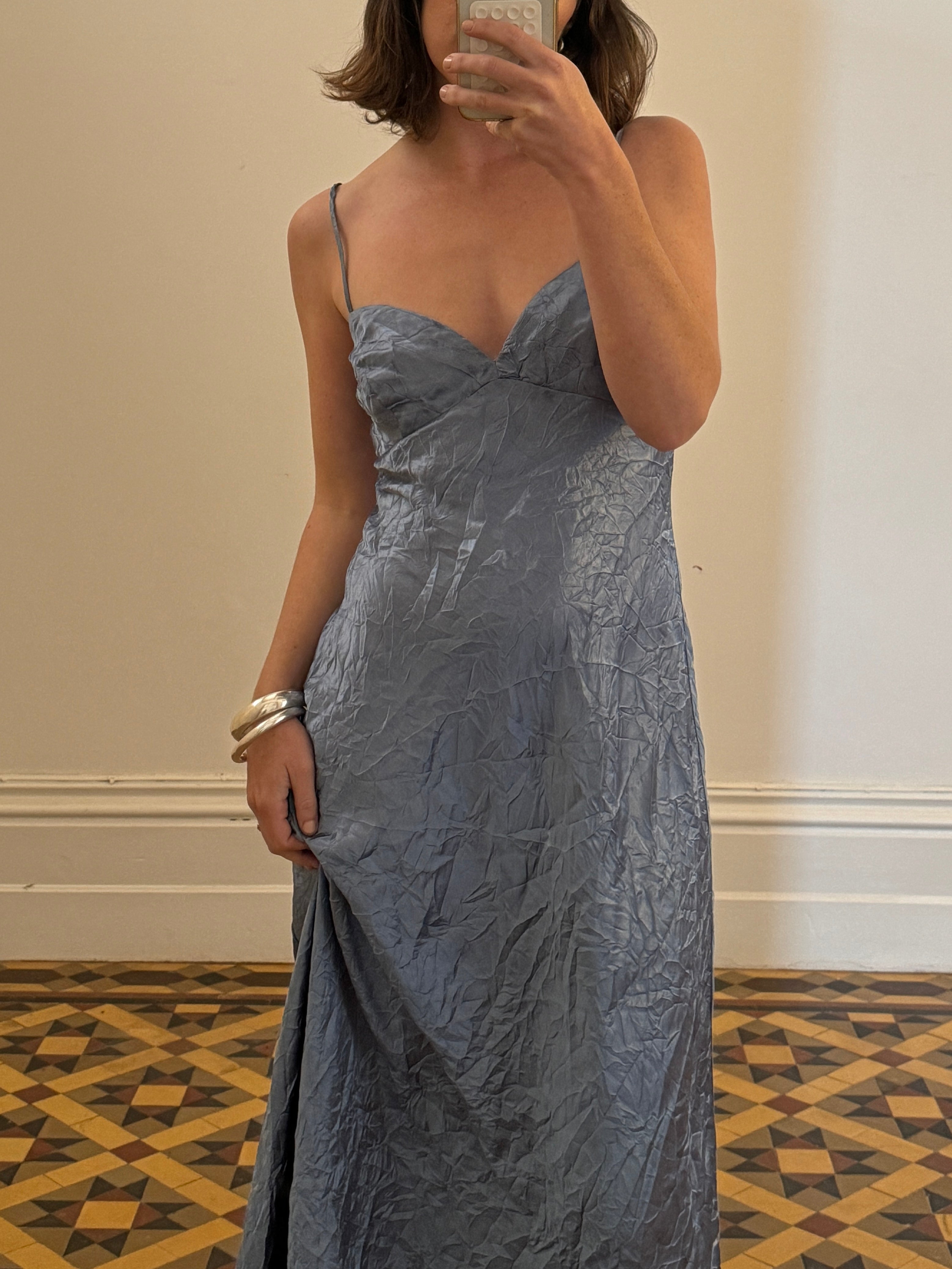 Vintage 90s Blue Crinkle Bias Slip Dress