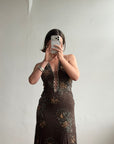 Vintage 90s Pure Silk Beaded Lace Up Dress Chocolate