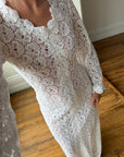 Vintage 60s Crochet Lace Long Sleeved Wedding Gown