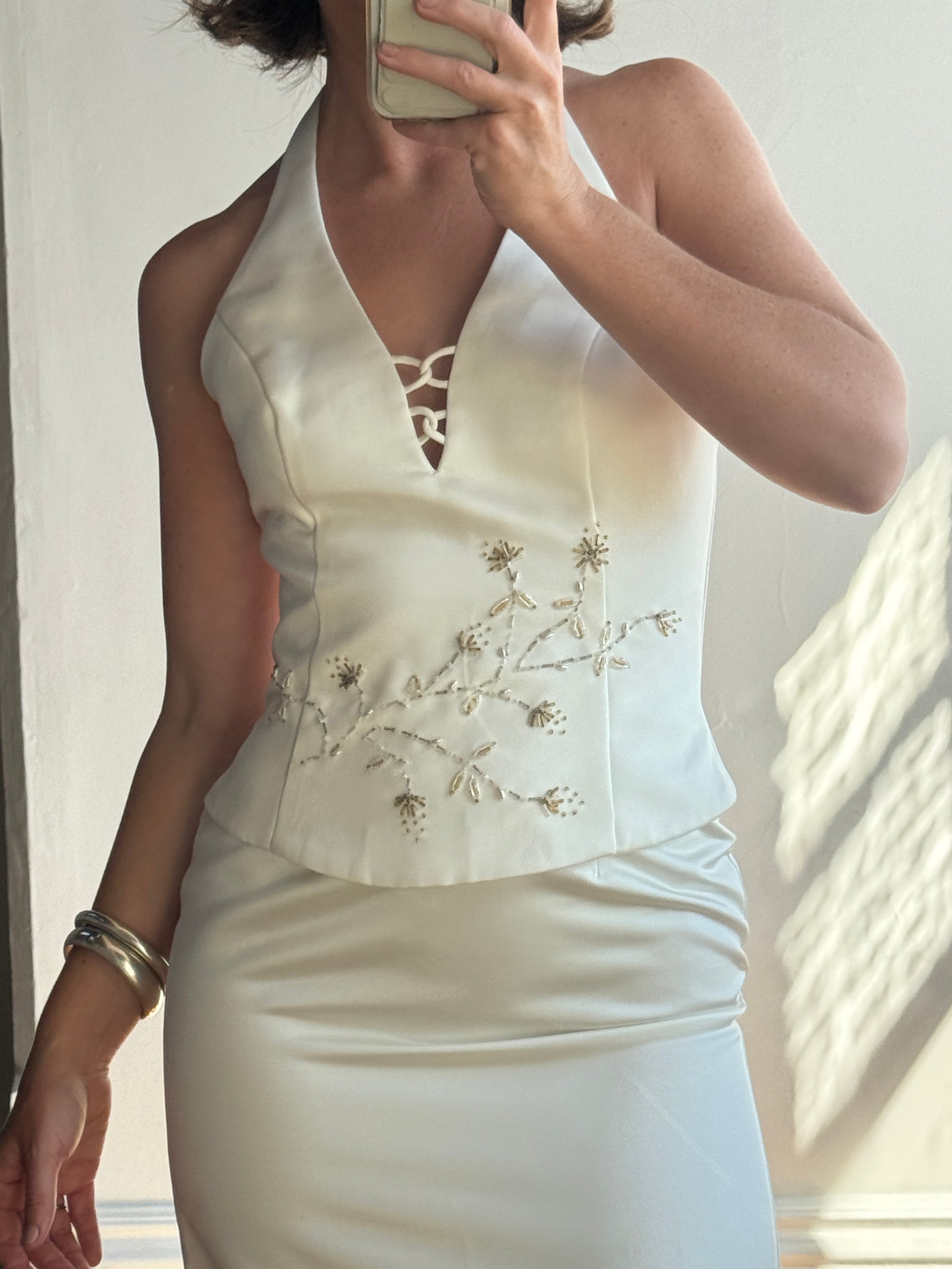 Vintage 90s Halter Two Piece Embellished Satin Wedding Set