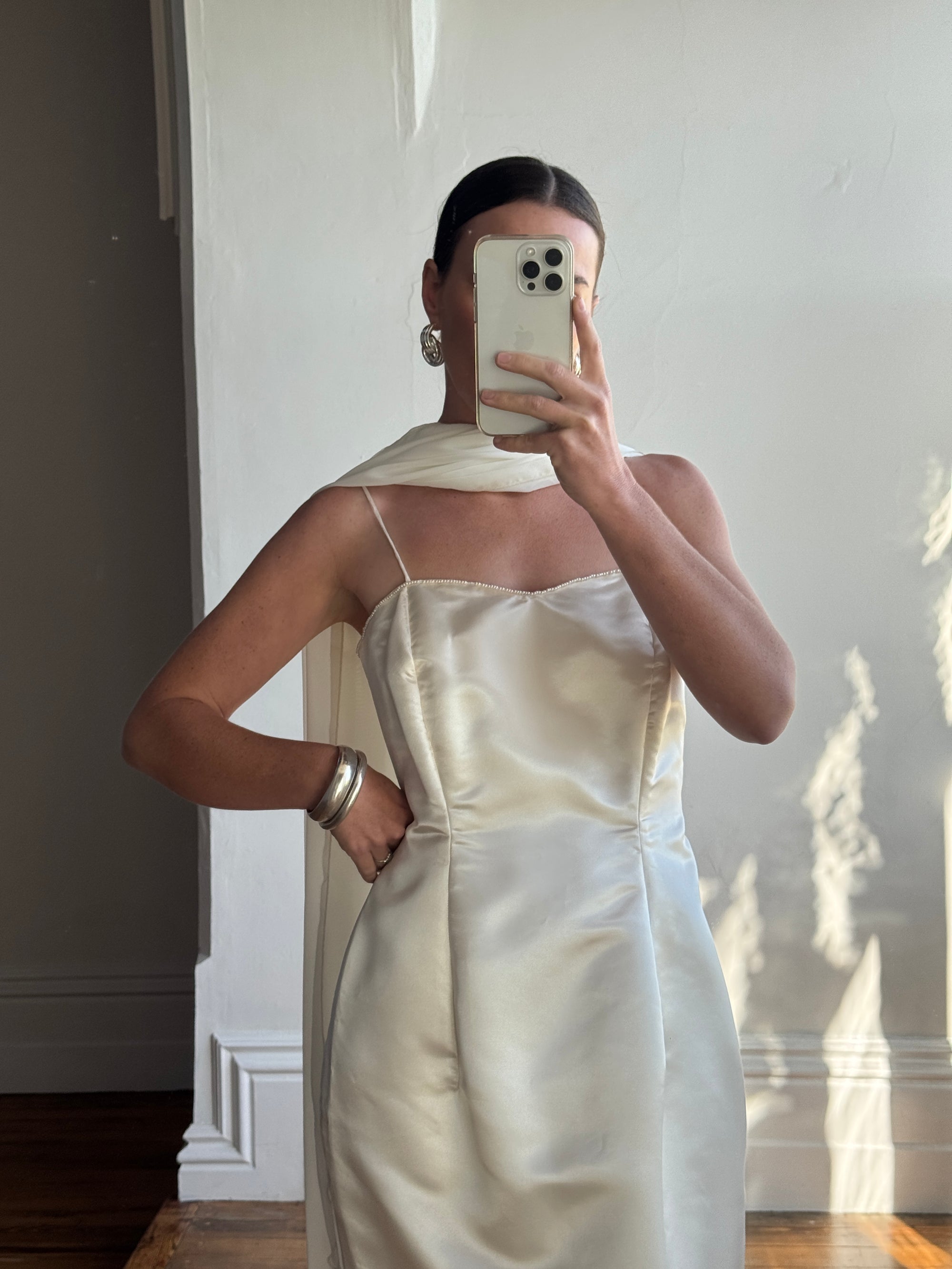 Vintage 90s Ivory Satin Column Midi with Rosette