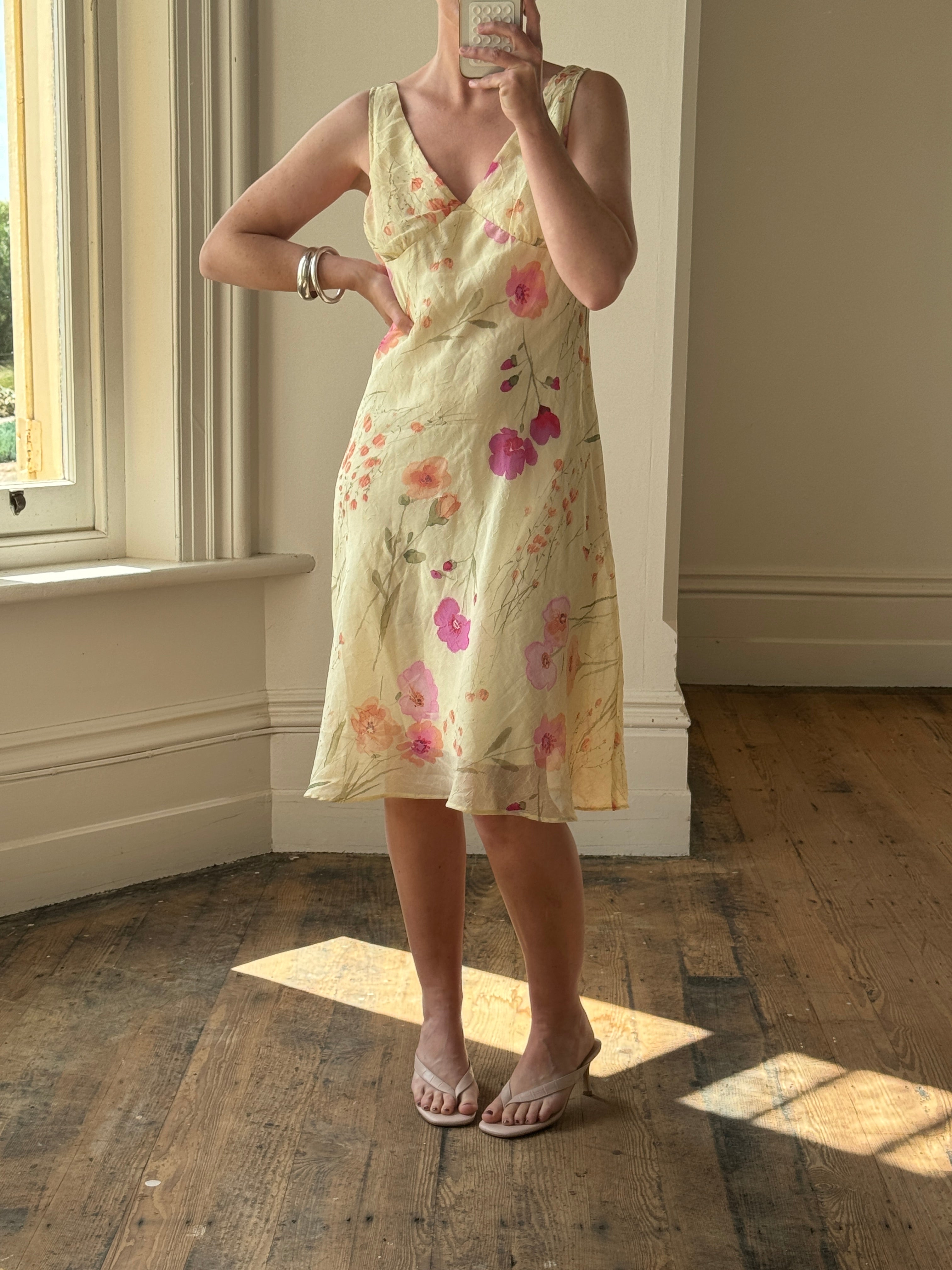 Vintage 90s Butter Yellow Floral Crinkle Sundress
