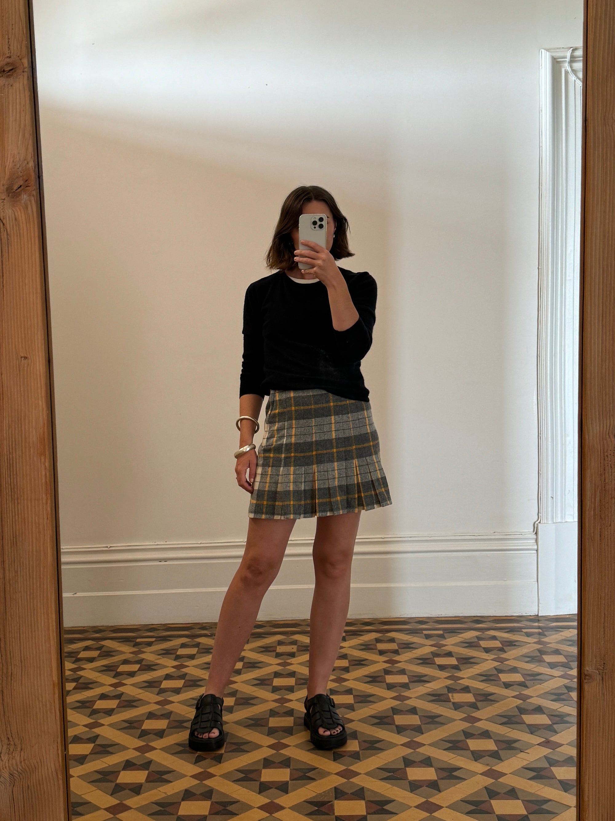 Vintage Tartan Wool Pleated Mini Skirt Light Grey