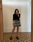 Vintage Tartan Wool Pleated Mini Skirt Light Grey