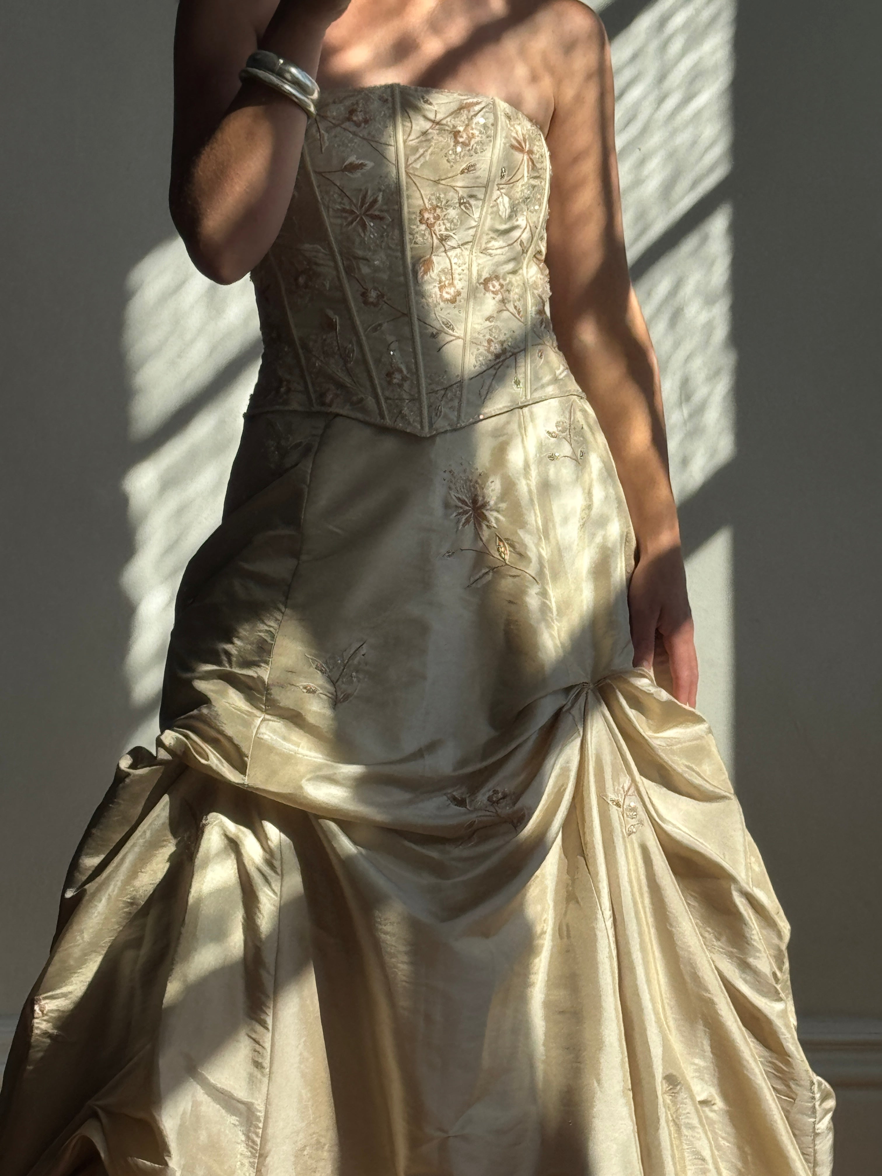 Vintage 90s Golden Embroidered Princess Strapless Gown