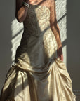 Vintage 90s Golden Embroidered Princess Strapless Gown