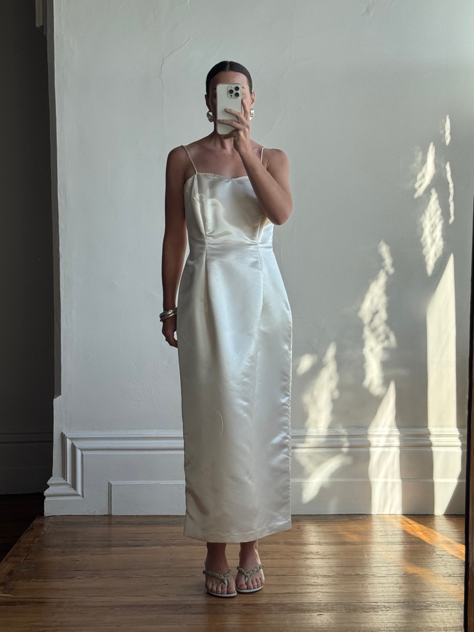 Vintage 90s Ivory Satin Column Midi with Rosette