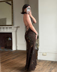 Vintage 90s Pure Silk Beaded Lace Up Dress Chocolate