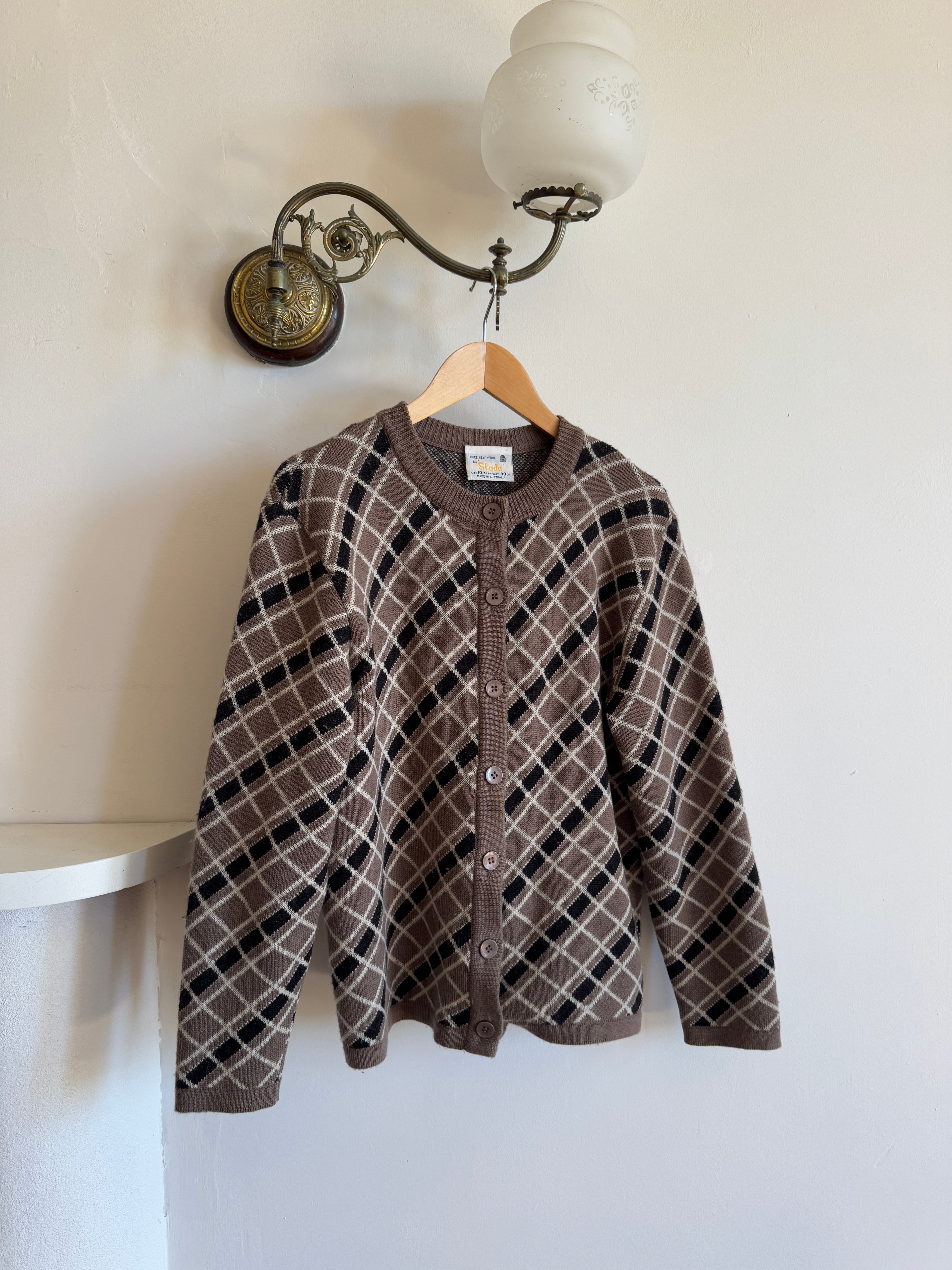 Vintage Pure Wool Check Cardi Taupe Black