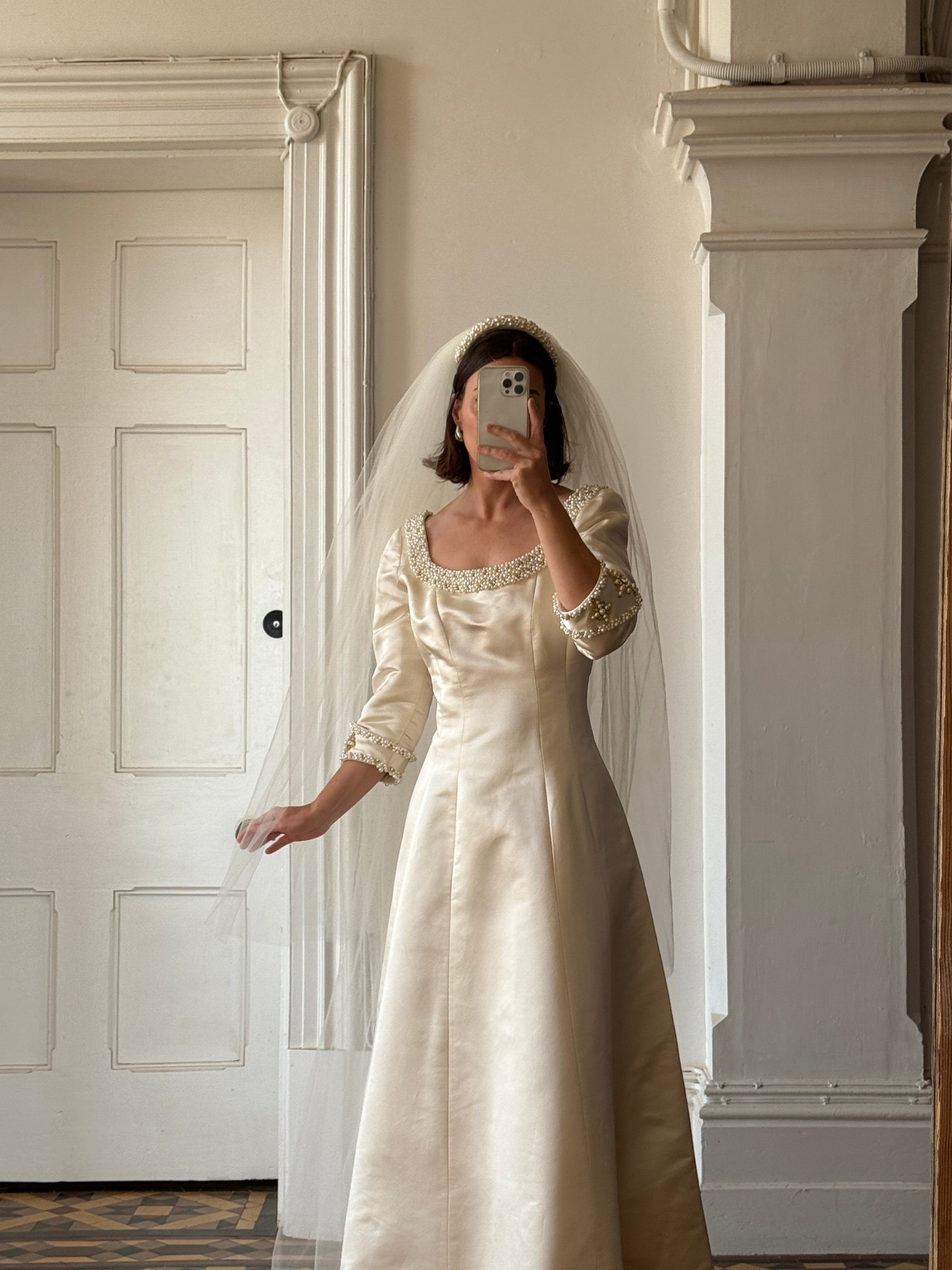 Vintage 90s Pure Silk Satin Baroque Scoop Neck Wedding Gown and Veil