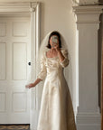 Vintage 90s Pure Silk Satin Baroque Scoop Neck Wedding Gown and Veil