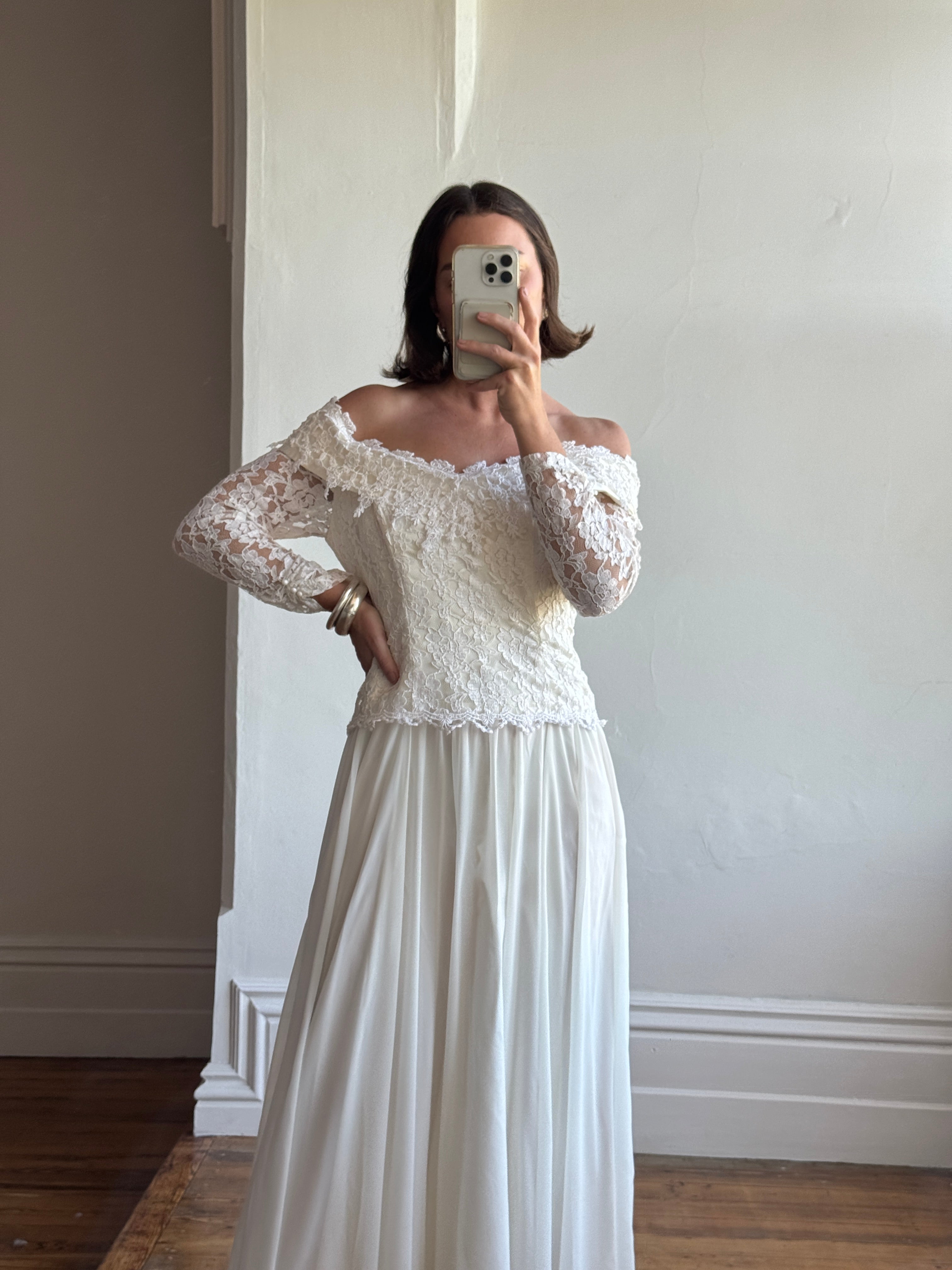 Vintage 90s Lace Off The Shoulder Chiffon Wedding Dress