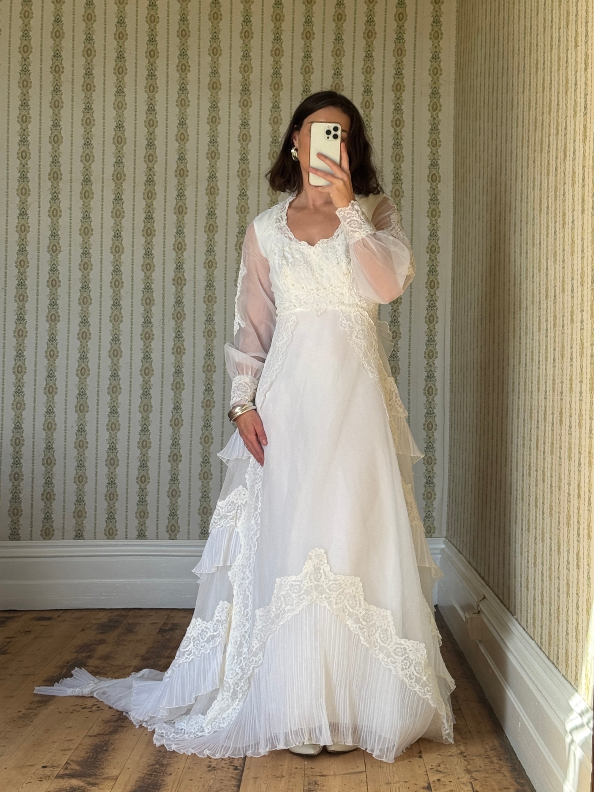 Vintage 60s Lace Wedding Dress With Pleated Ruffle Train