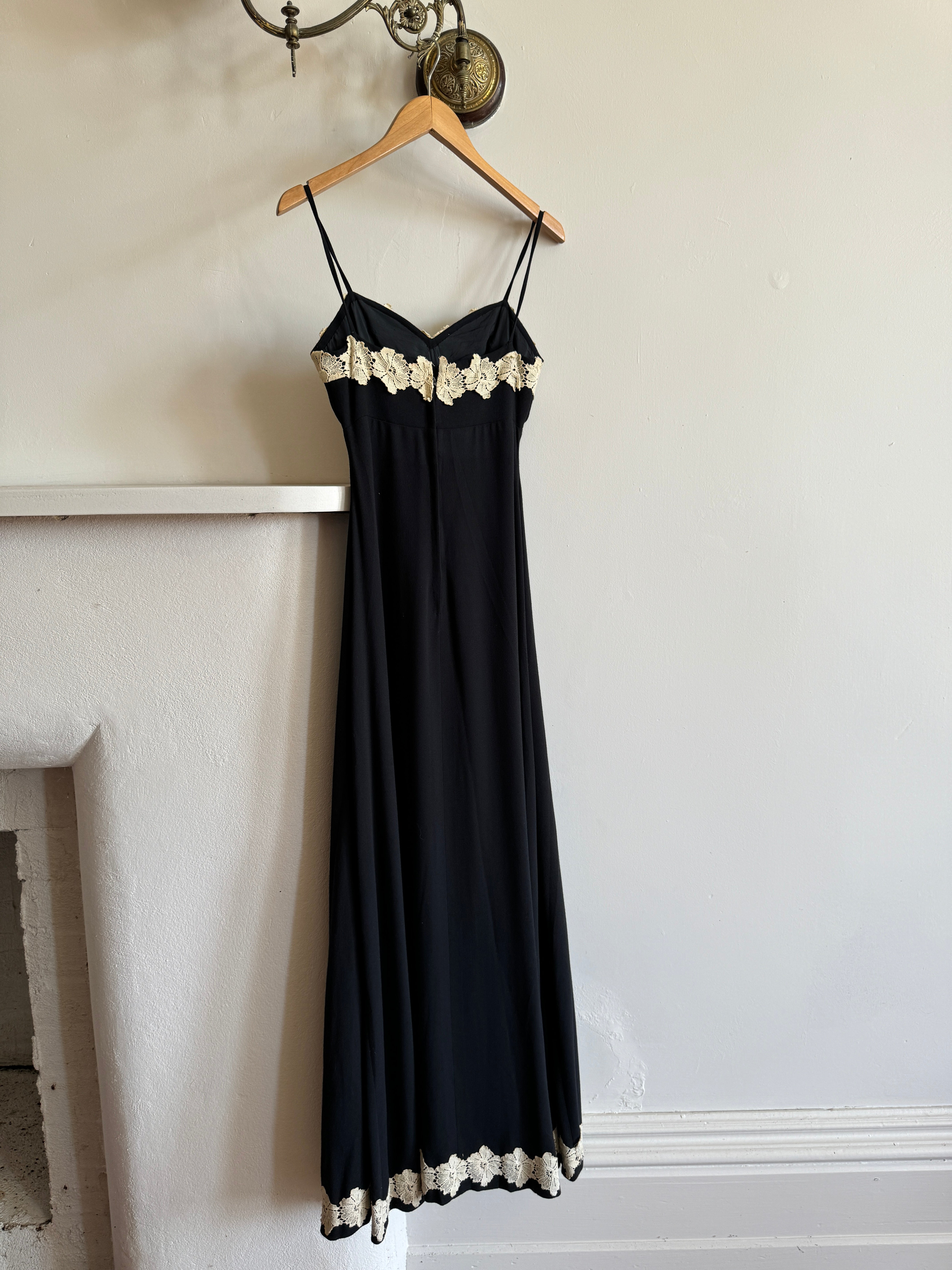 Vintage Black Crepe Midi Dress with Cream Floral Applique