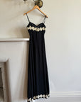 Vintage Black Crepe Midi Dress with Cream Floral Applique