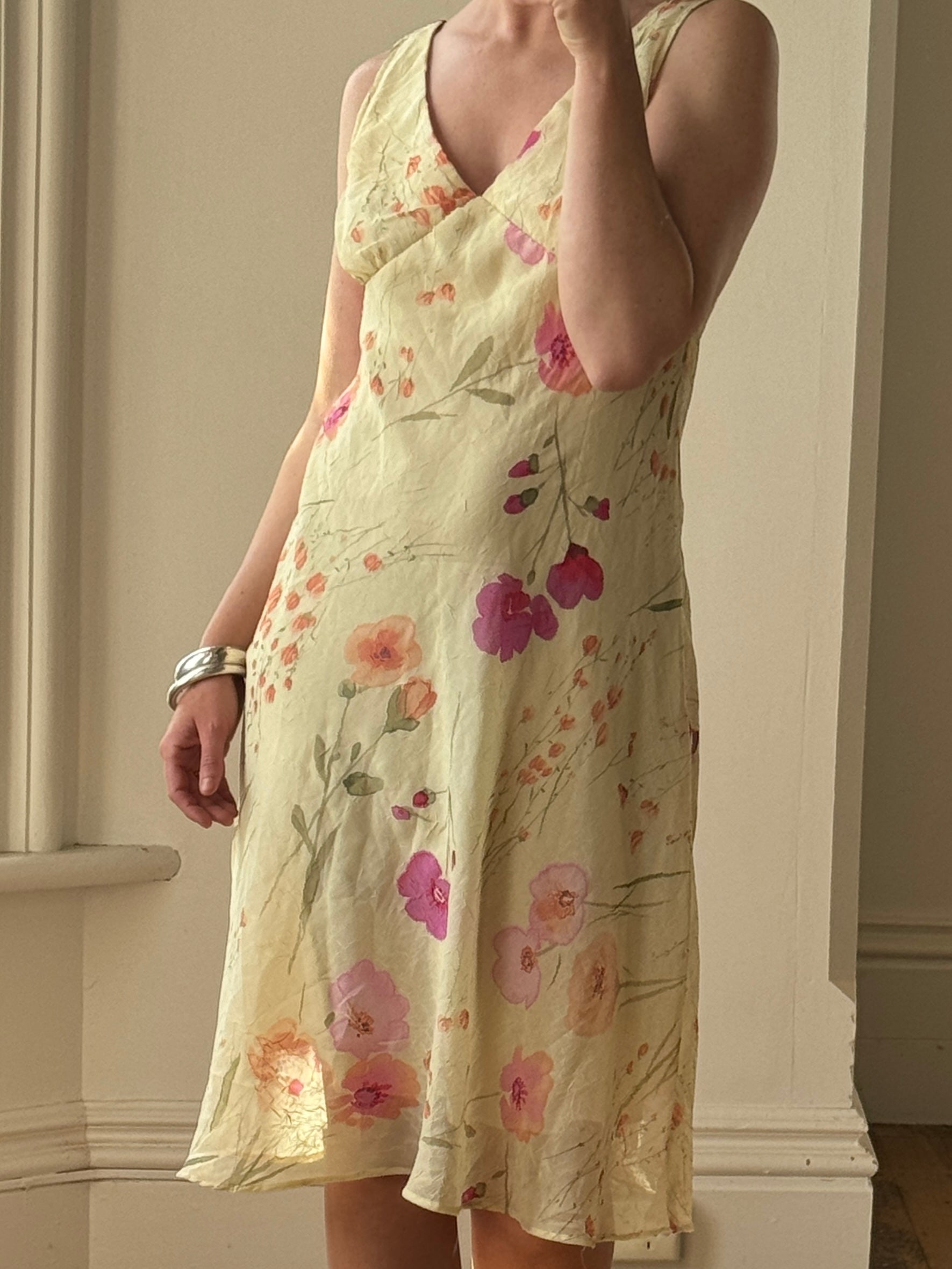 Vintage 90s Butter Yellow Floral Crinkle Sundress
