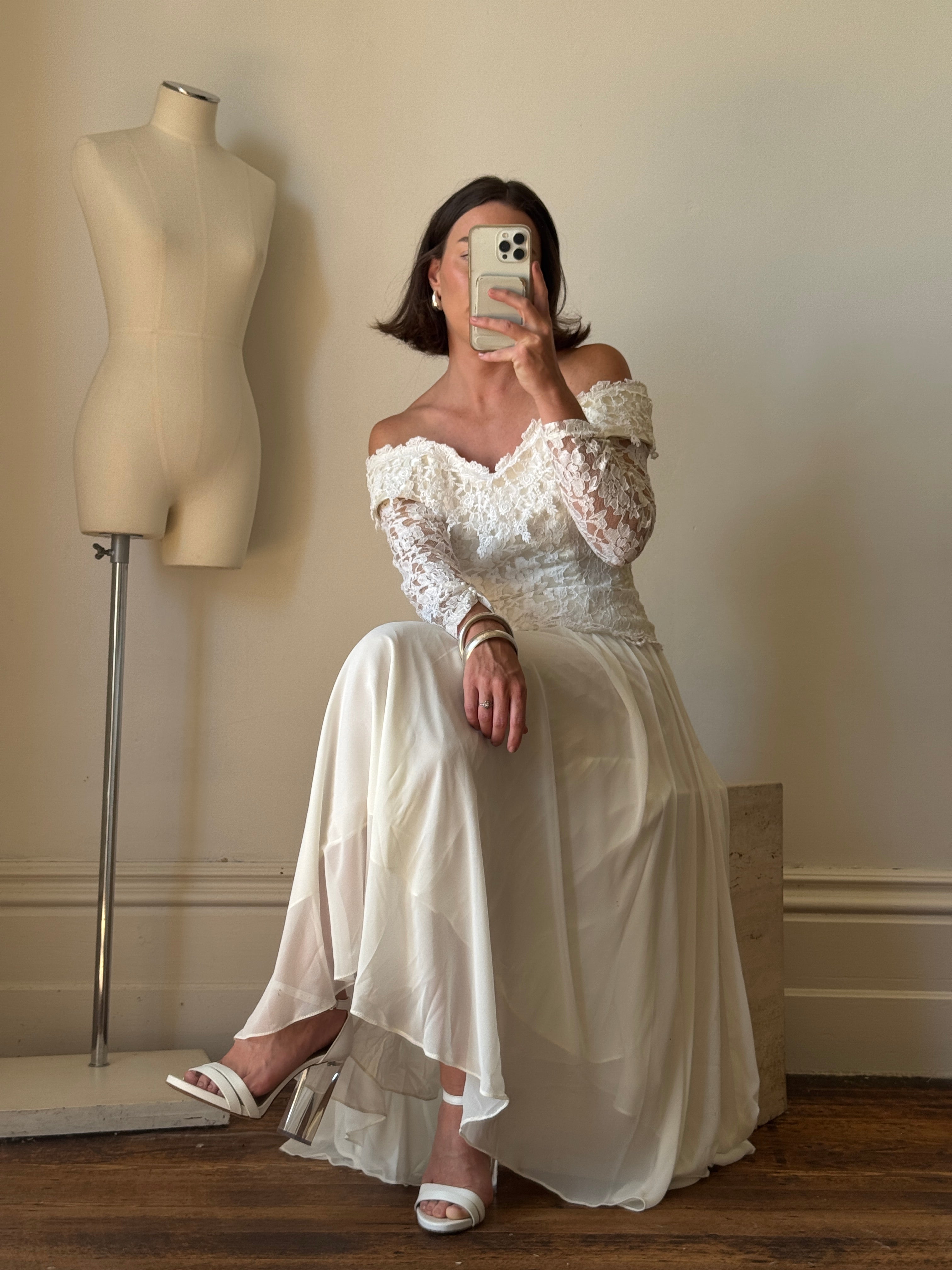 Vintage 90s Lace Off The Shoulder Chiffon Wedding Dress