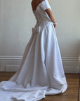 Vintage 90s Off Shoulder Box Pleat Wedding Gown