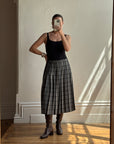 Vintage Scottish Wool Grey Plaid Pleated Midi Skirt