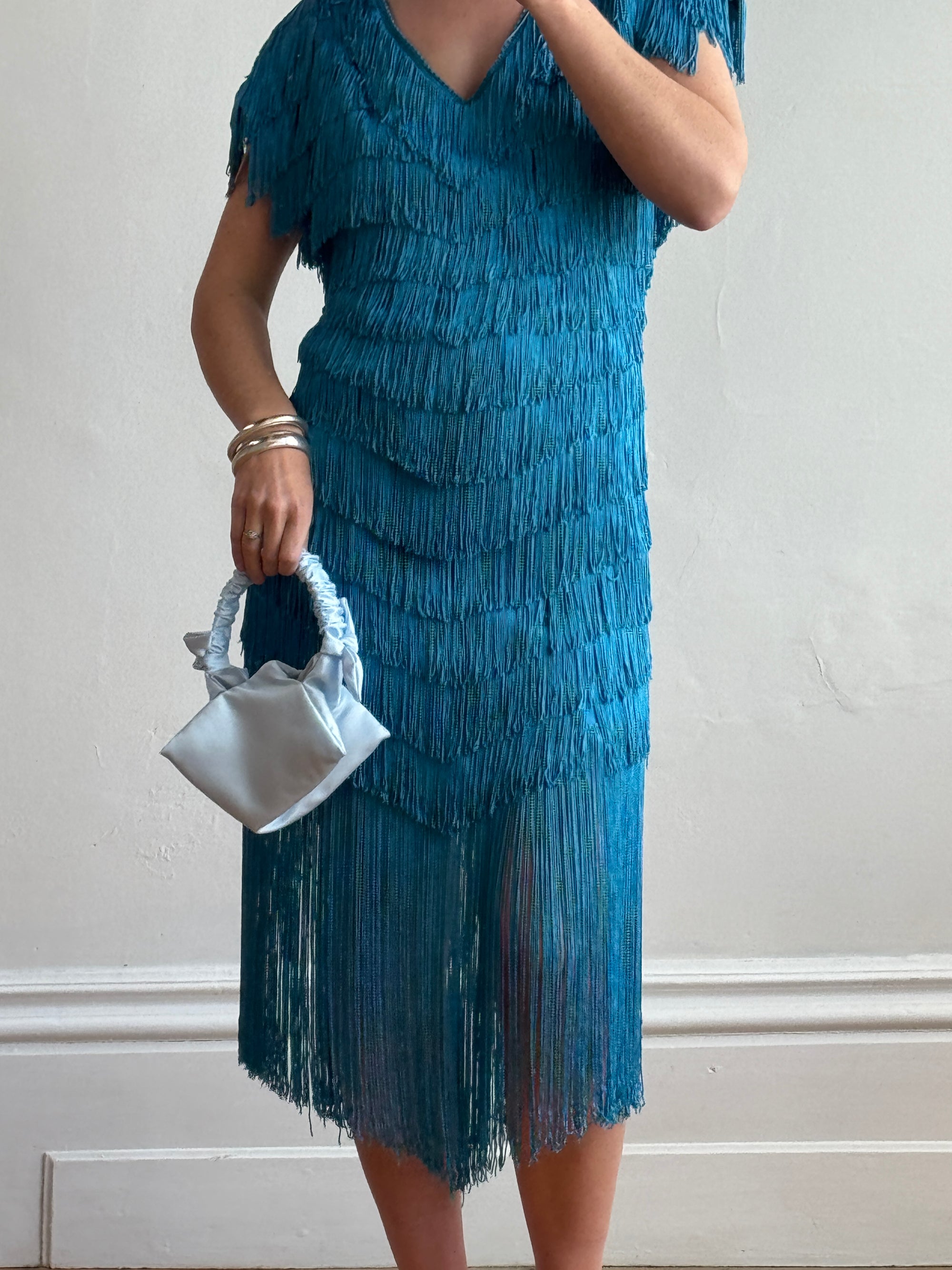 Vintage 80s Fringe Party Dress Ocean Blue