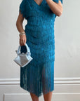 Vintage 80s Fringe Party Dress Ocean Blue