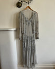 Vintage 90s Pure Silk Beaded V Neck Dress Light Grey