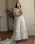 Vintage 70s Creme Tiered Lace Wedding Dress with Pleats