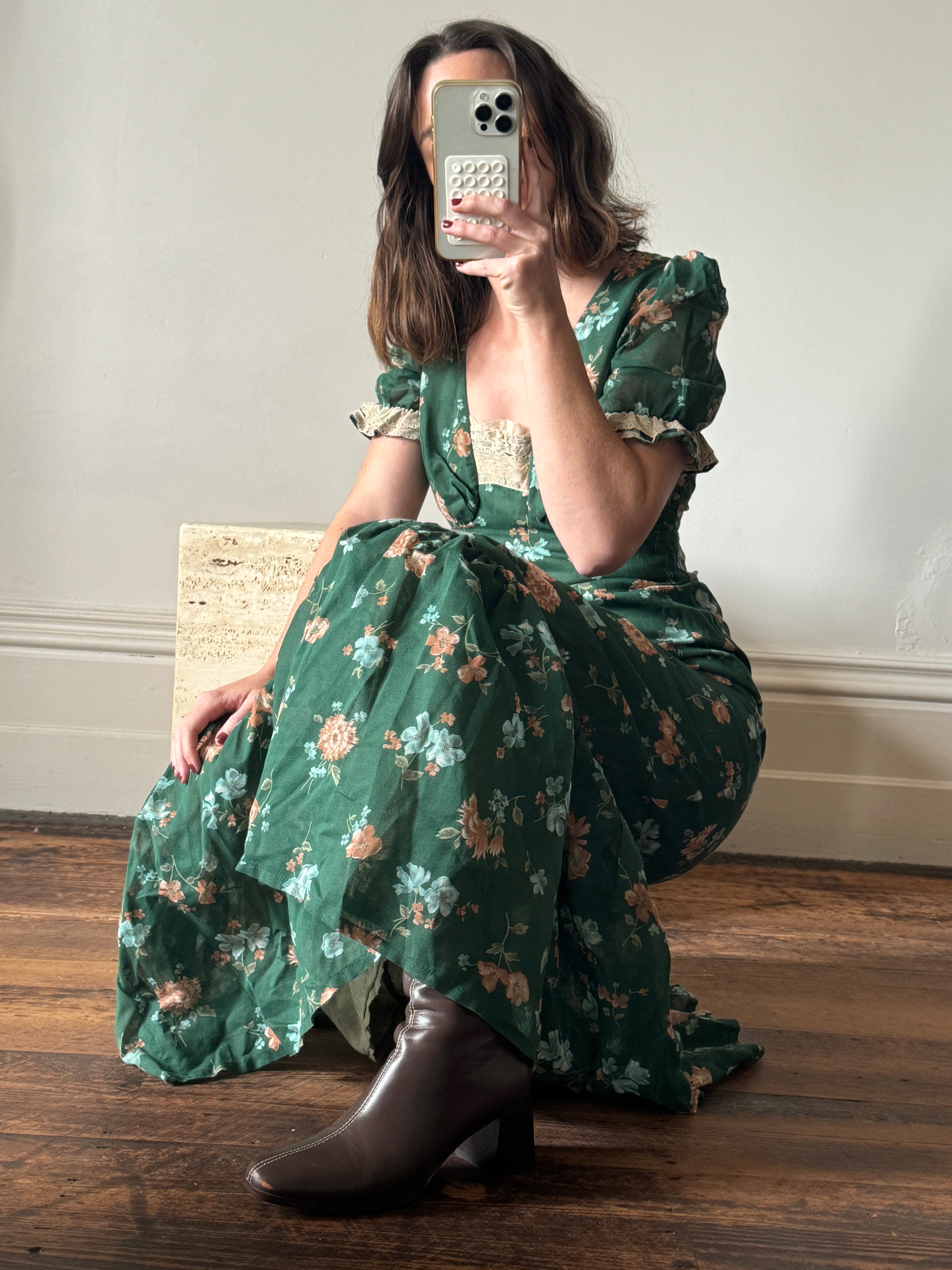 Vintage 70s Teal Garden Dress with Creme Lace