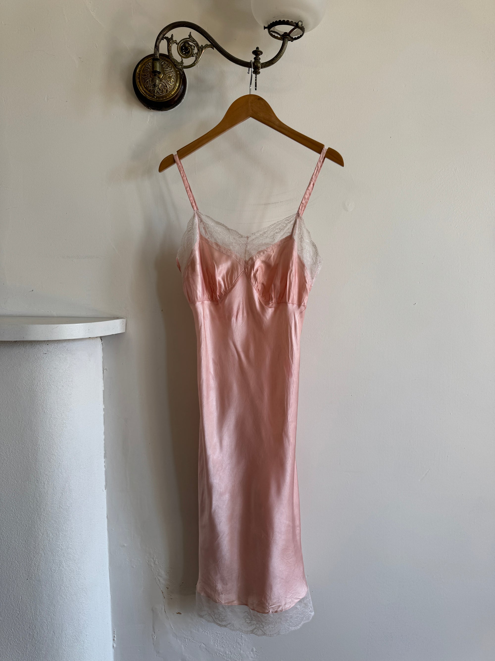 Vintage 50s Liquid Satin Slip Pink Dress Creme Lace