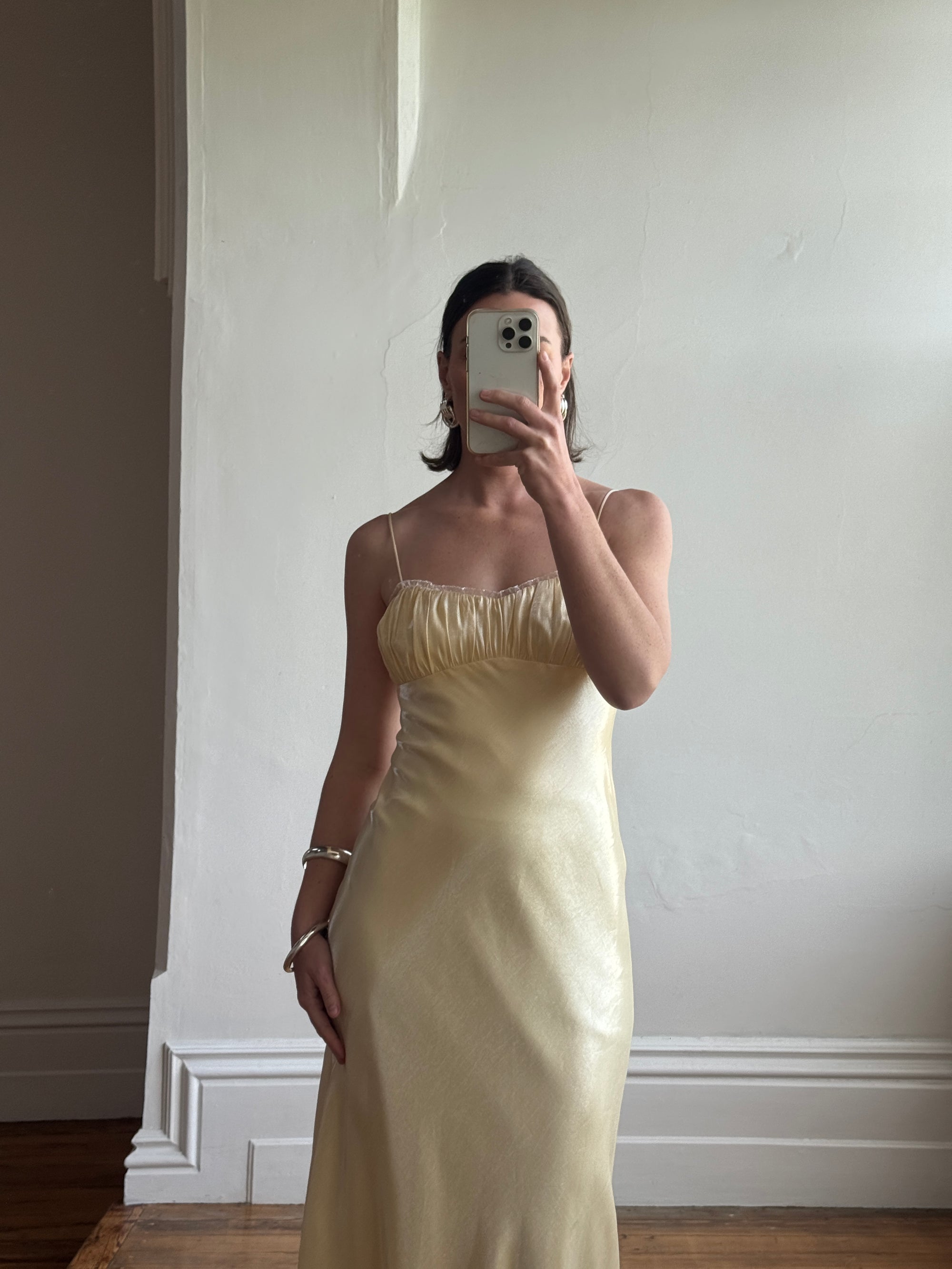 Vintage 90s Butter Yellow Organza Bias Slip Dress