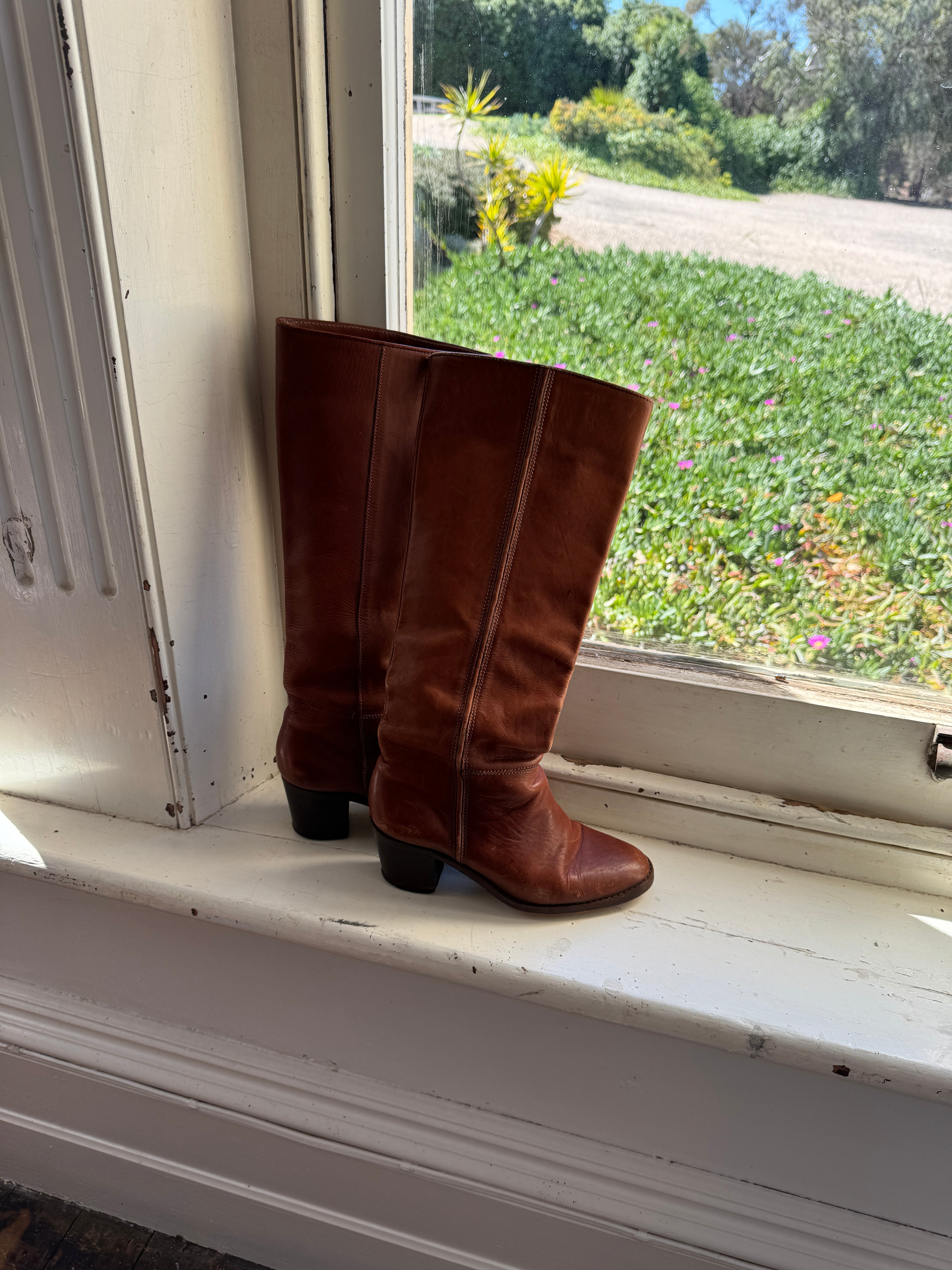 Vintage 70s Cognac Leather Calf High Boots Made in Brazil