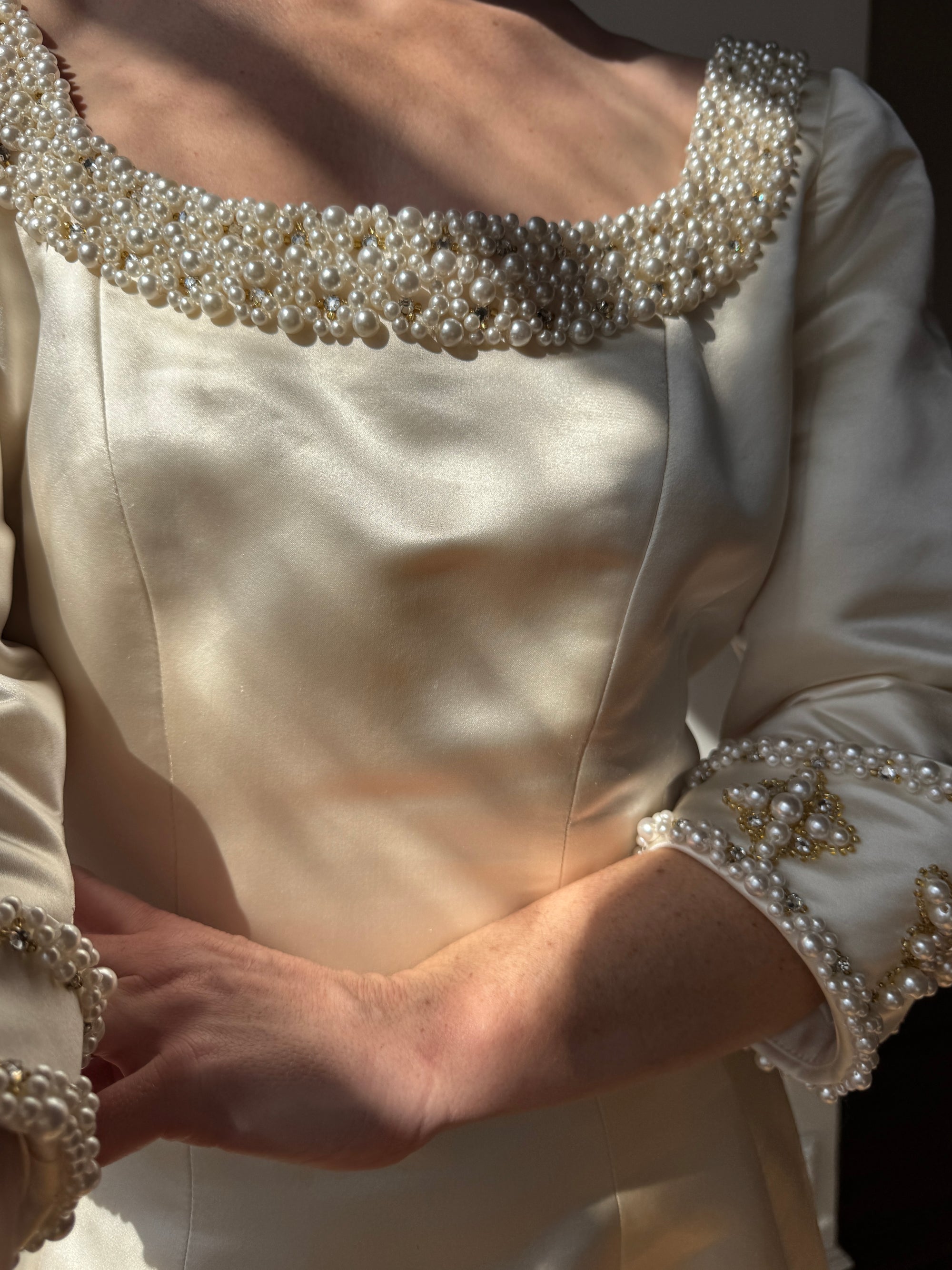 Vintage 90s Pure Silk Satin Baroque Scoop Neck Wedding Gown and Veil