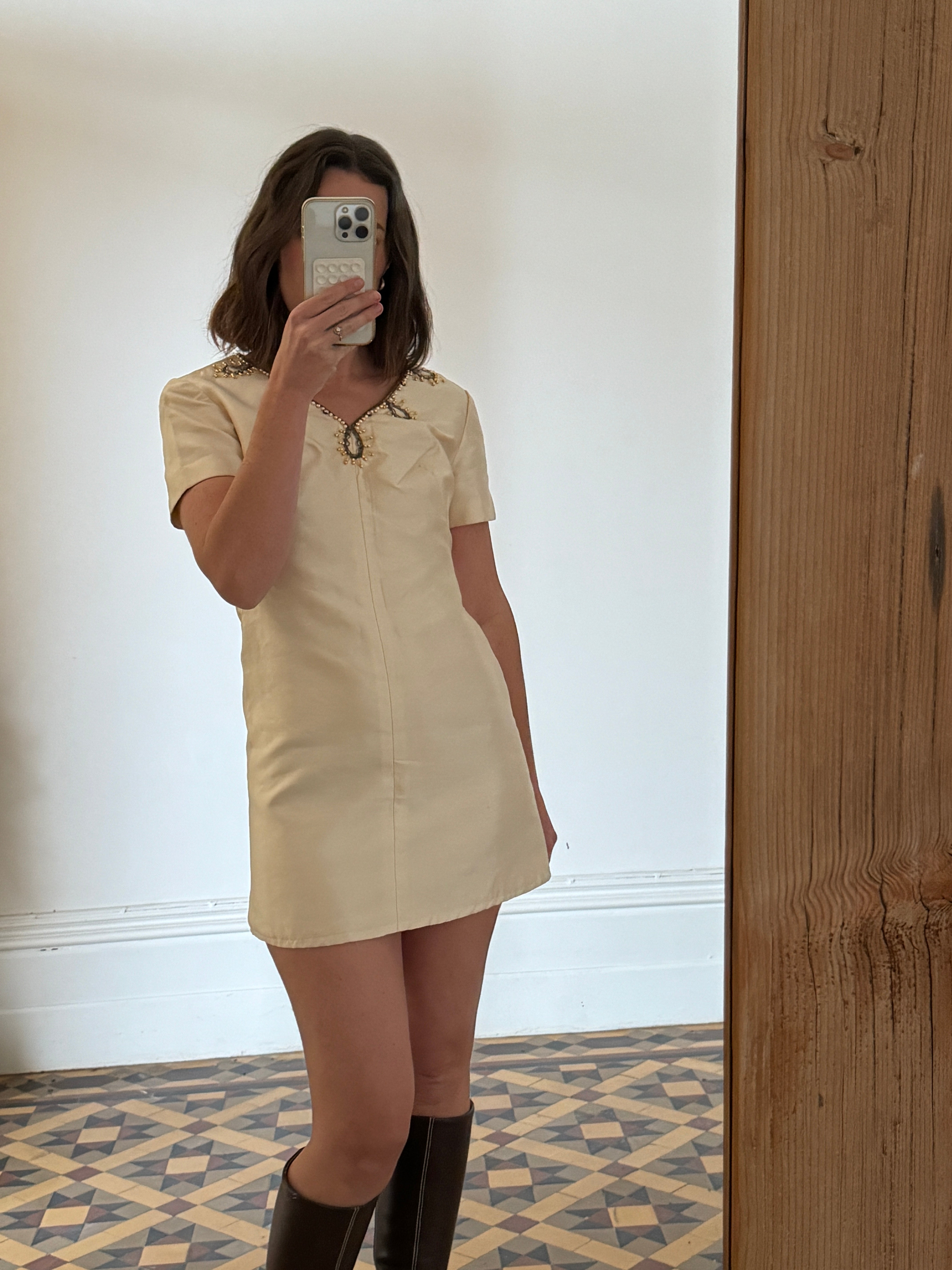 Vintage Silk and Wool Beaded Micro Mini Dress Creme