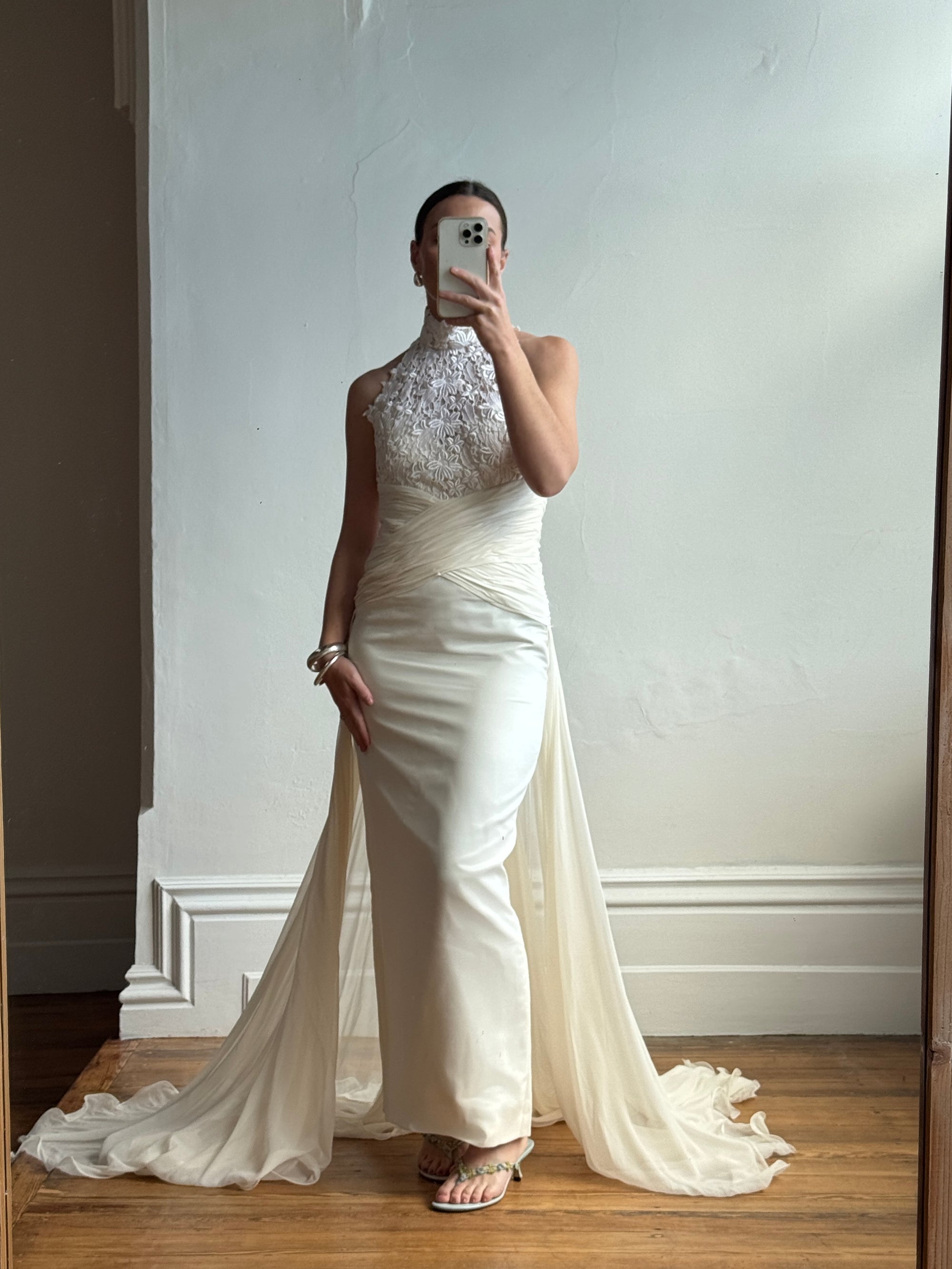 Vintage 90s High Front Lace Midi Dress with Pure Silk Train