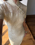 Vintage 90s Mandarin Collar Guipure Lace Midi Dress