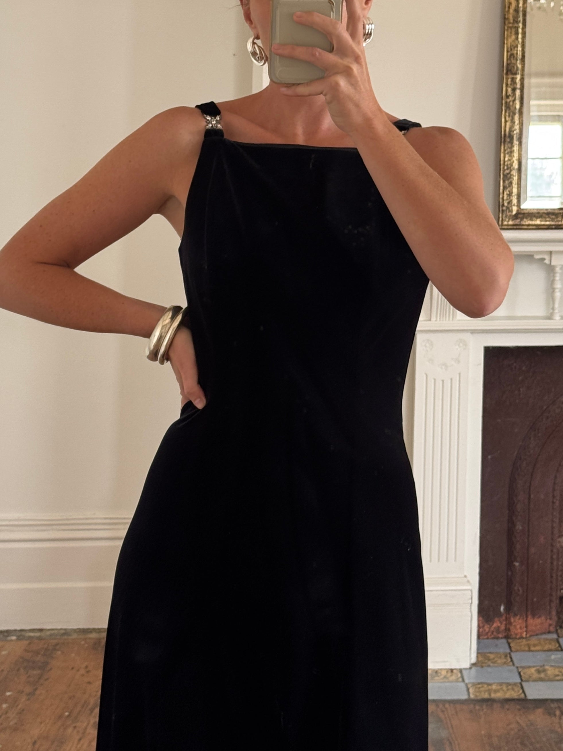Vintage 90s Velvet High Front Evening Gown With Rhinestones