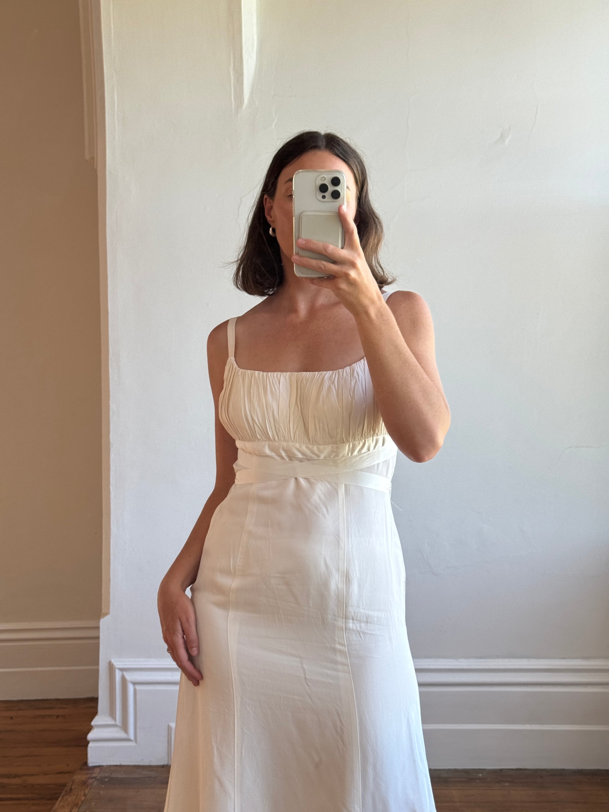 Vintage 90s Ivory Gathered Strappy Gown With Ribbon