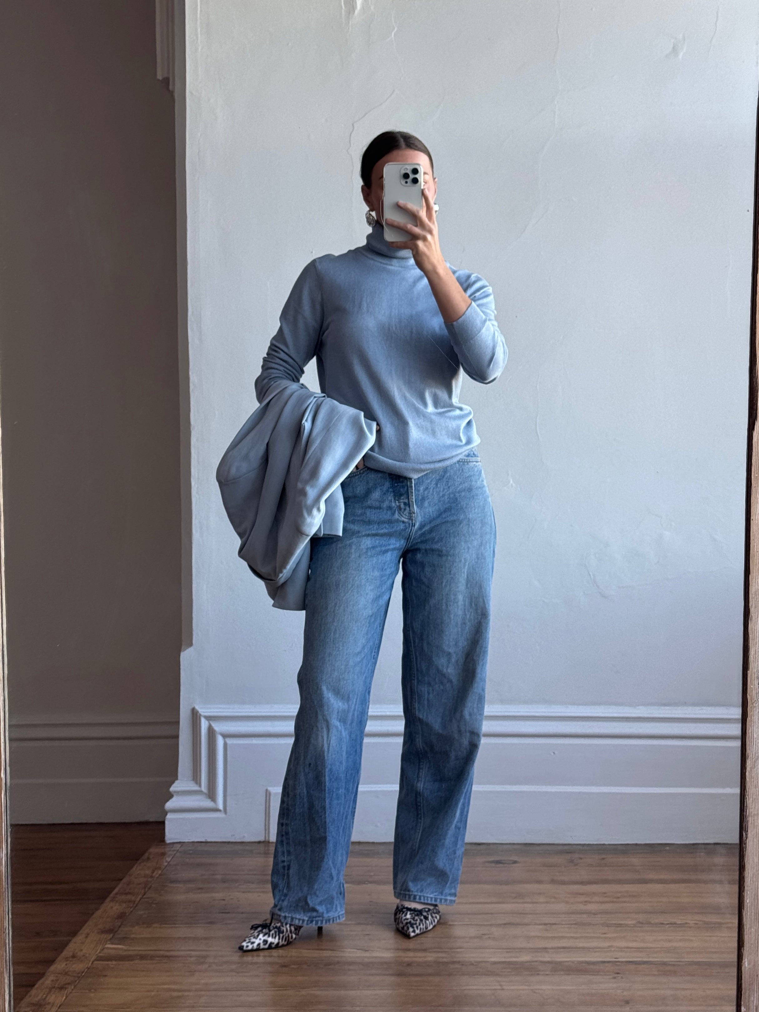 Vintage 90s Ralph Lauren Silk Cotton Blend Turtleneck Dusty Blue