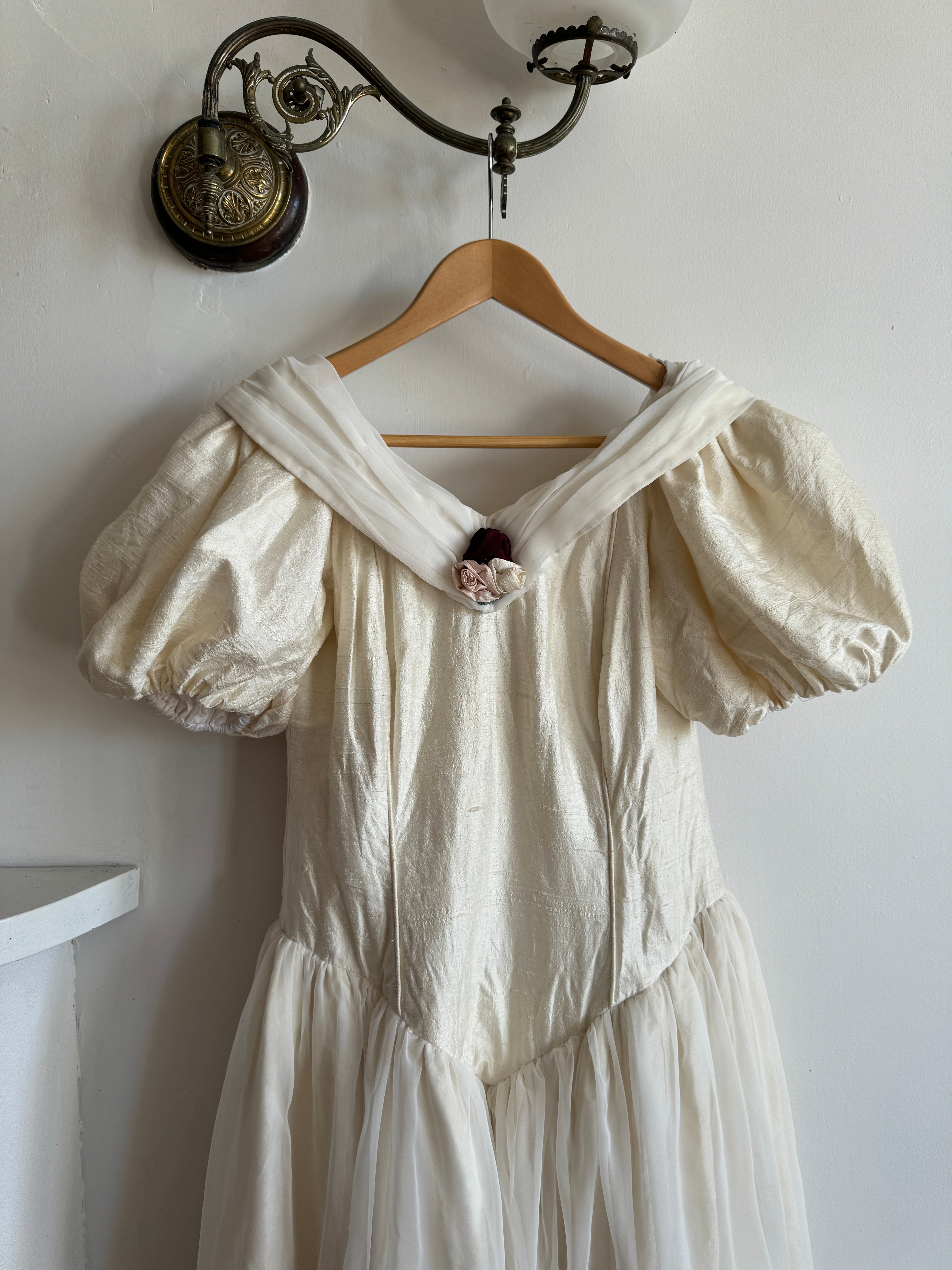 Vintage Silk Puff Sleeve Wedding Dress with Chiffon and Roses