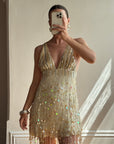Vintage Y2K Pure Silk Sequin Tassel Disco Dress