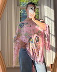 Vintage 90s Pink Floral Beaded Fringe Poncho
